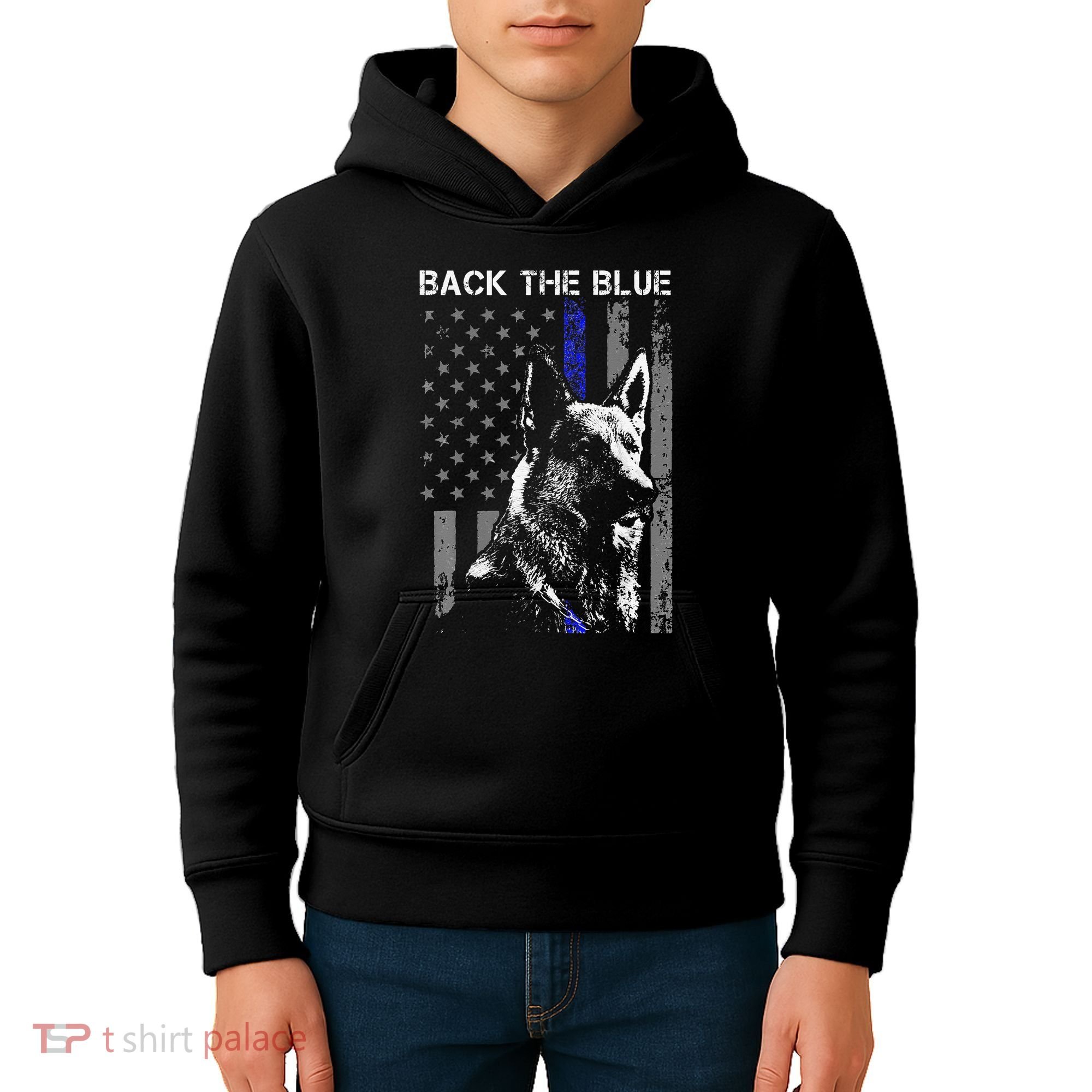 Back The Blue Thin Blue Line Flag K9 German Shepherd Police Kids Hoodie