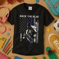 Back The Blue Thin Blue Line Flag K9 German Shepherd Police Kids T-Shirt thumb 3