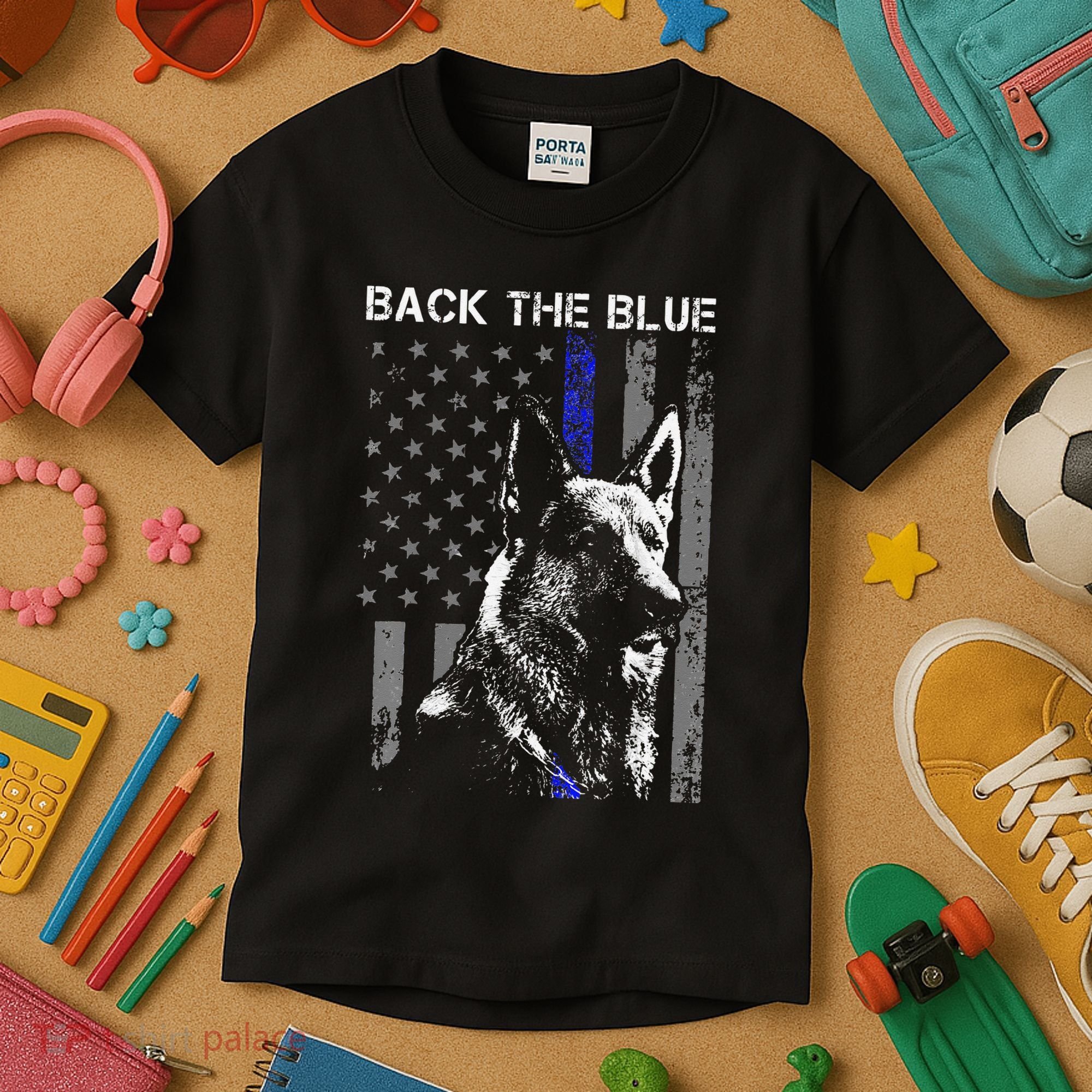Back The Blue Thin Blue Line Flag K9 German Shepherd Police Kids T-Shirt