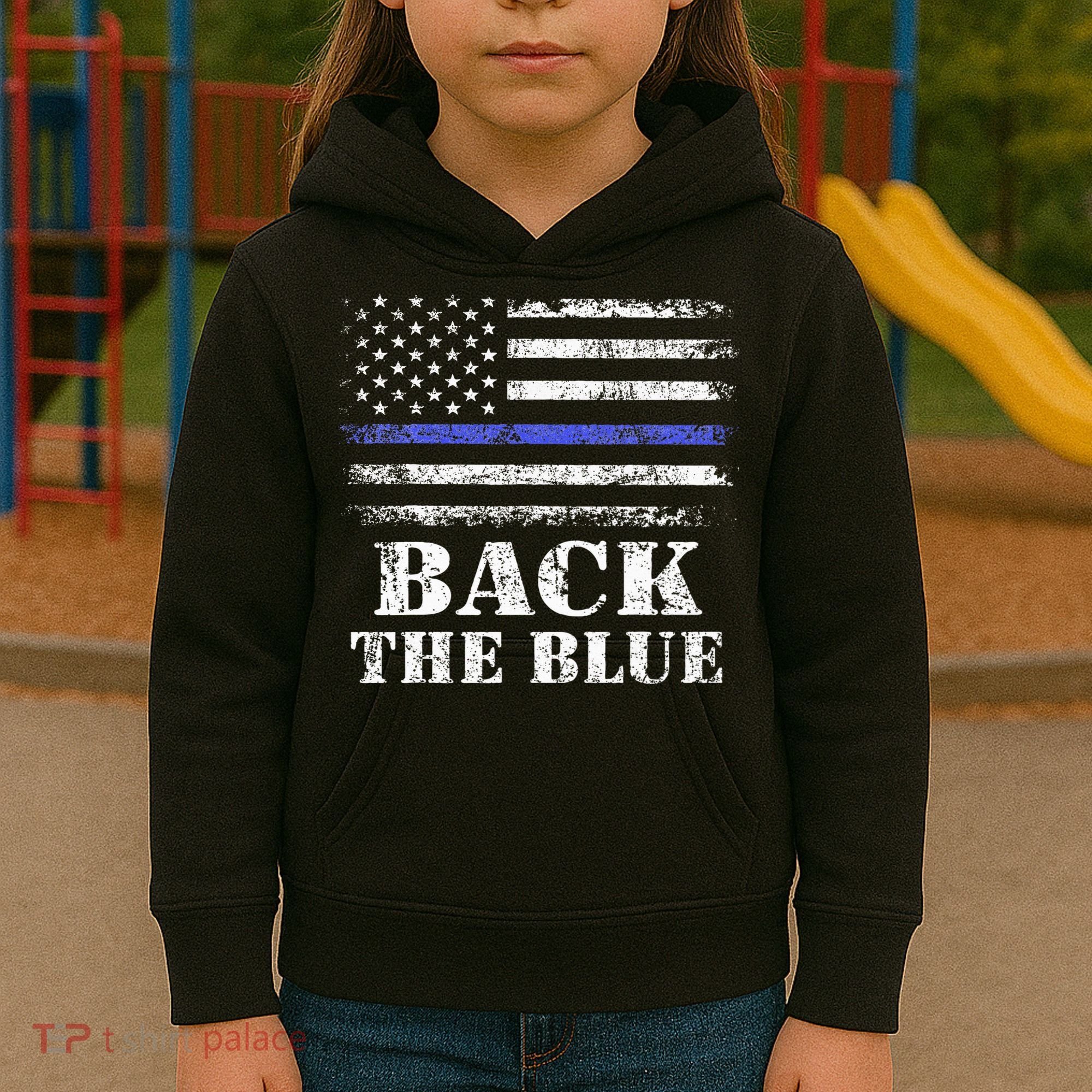Back The Blue Thin Blue Line American Flag Police Support Kids Hoodie