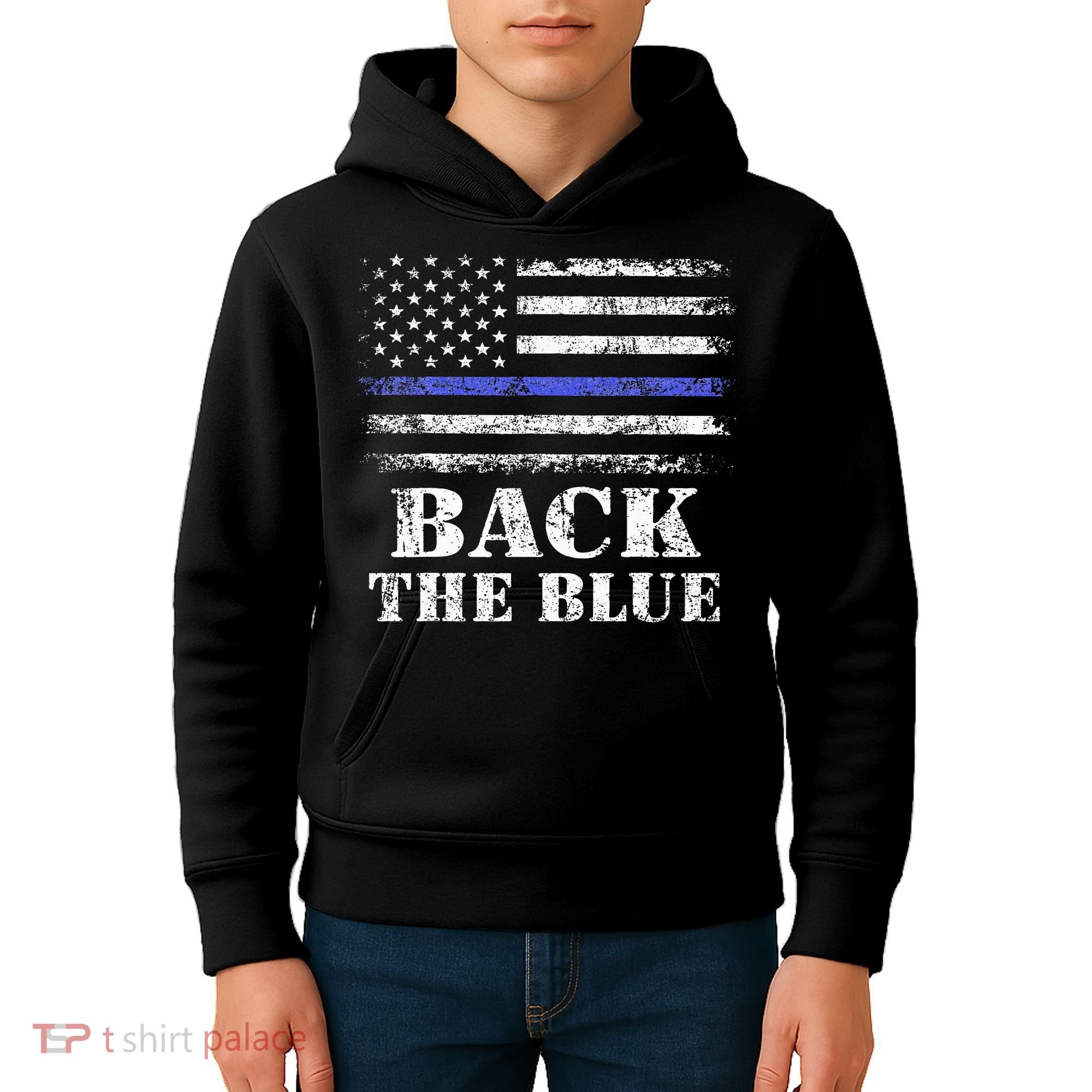 Back The Blue Thin Blue Line American Flag Police Support Kids Hoodie