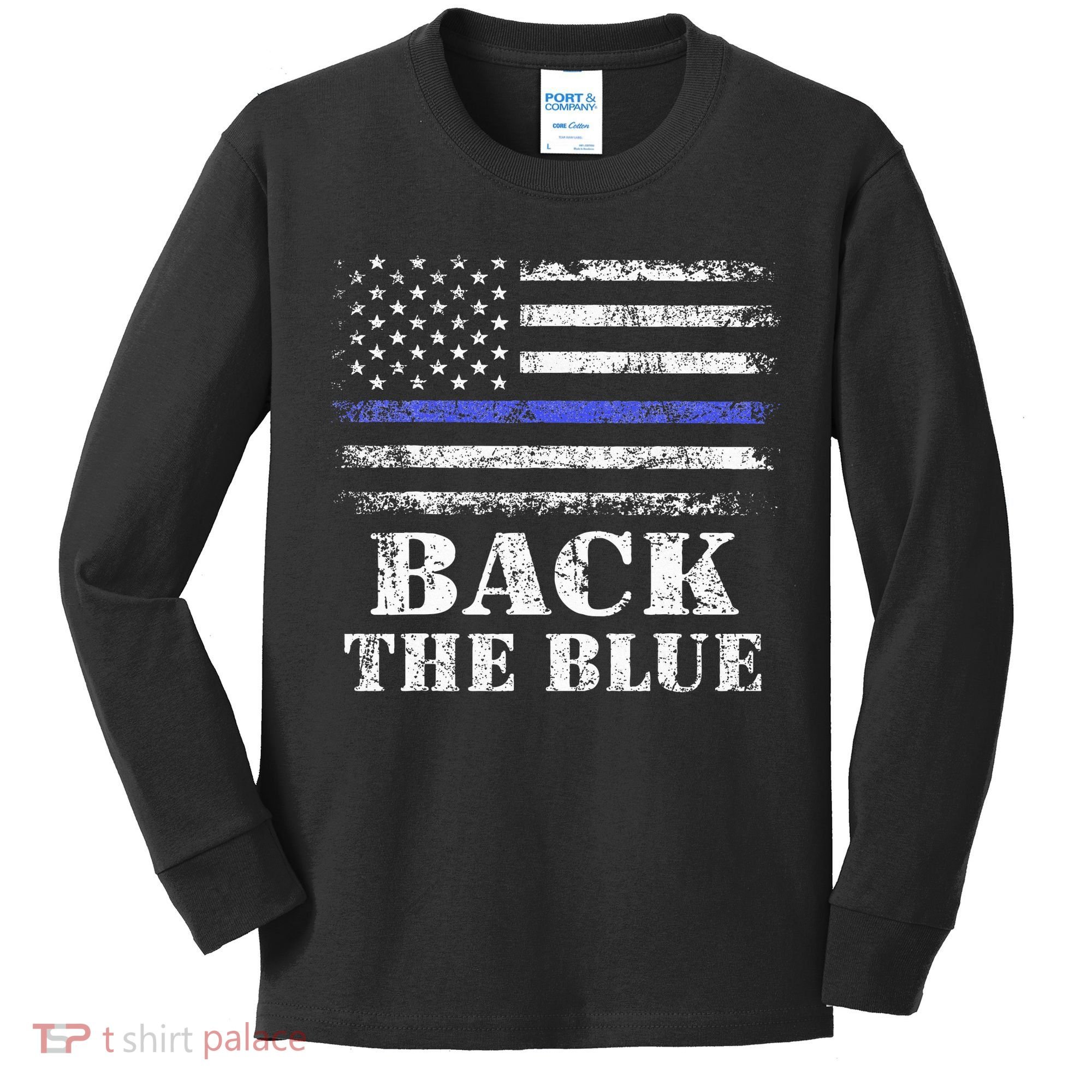 Back The Blue Thin Blue Line American Flag Police Support Kids Long Sleeve Shirt