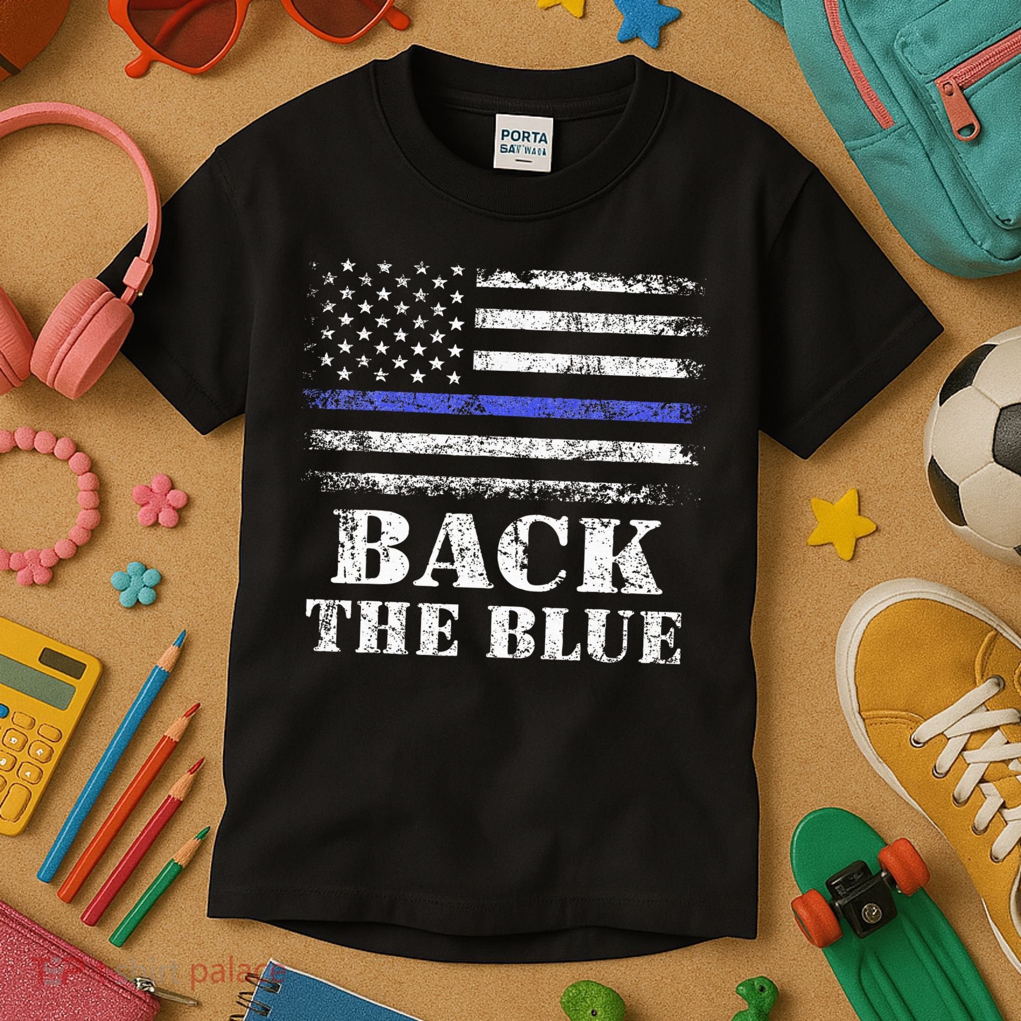 Back The Blue Thin Blue Line American Flag Police Support Kids T-Shirt