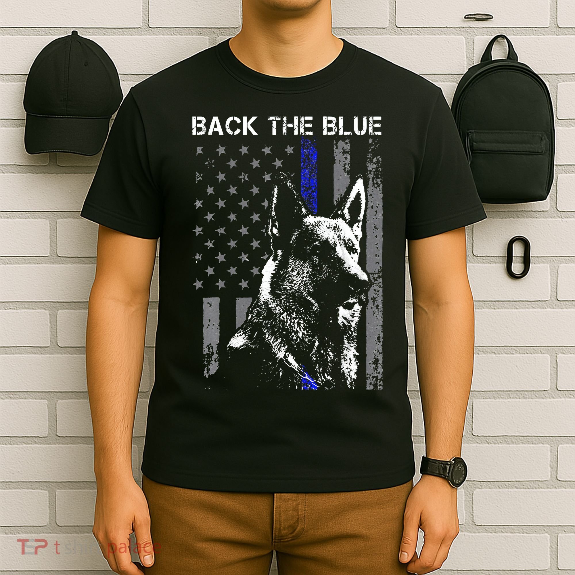 Back The Blue Thin Blue Line Flag K9 German Shepherd Police T-Shirt