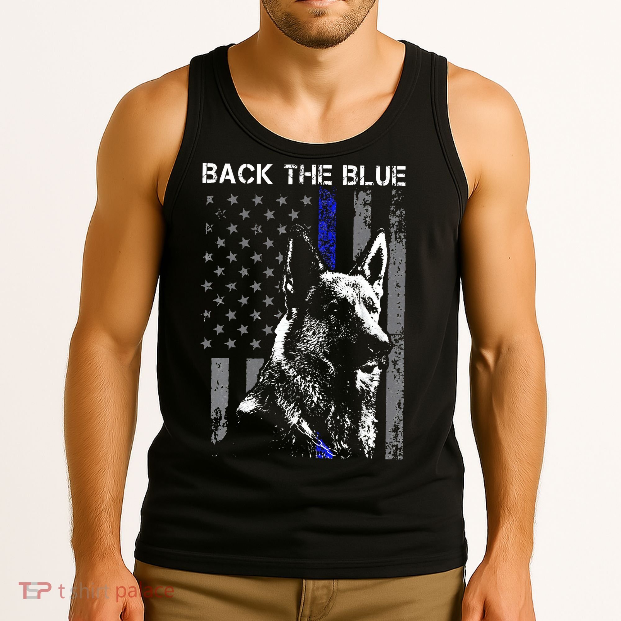 Back The Blue Thin Blue Line Flag K9 German Shepherd Police Tank Top