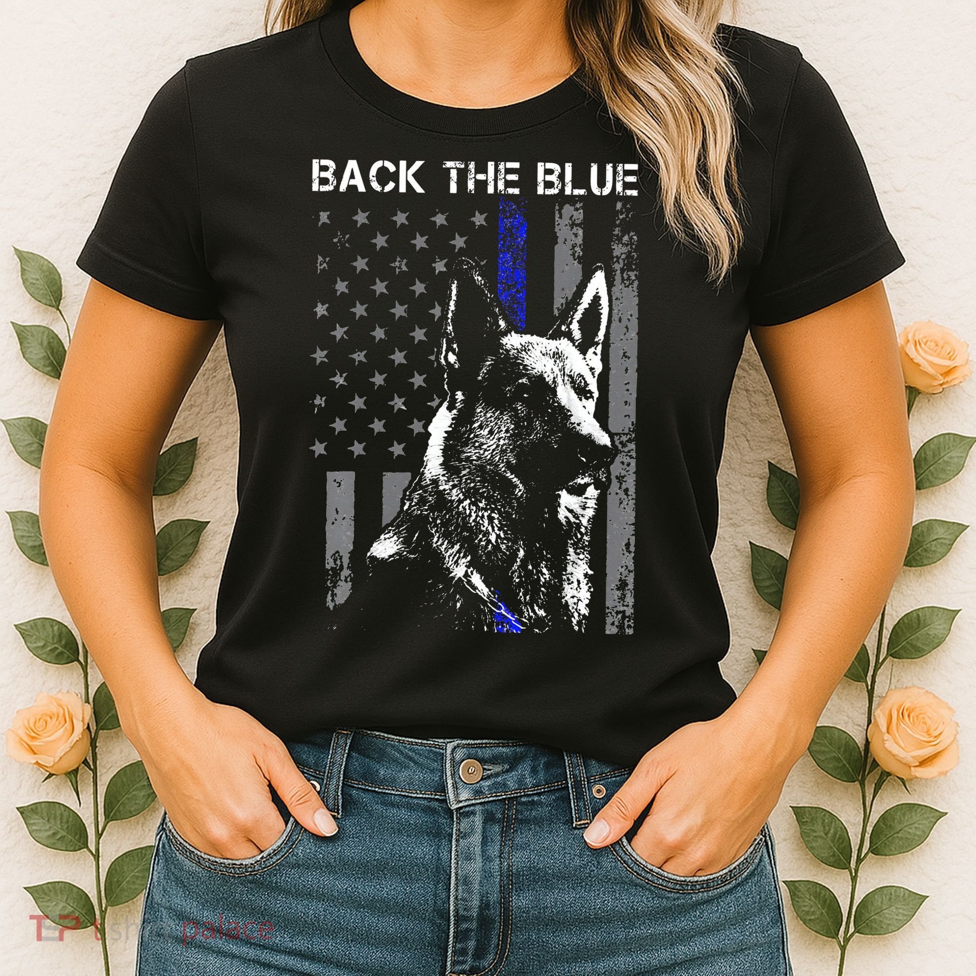Back The Blue Thin Blue Line Flag K9 German Shepherd Police Women's T-Shirt