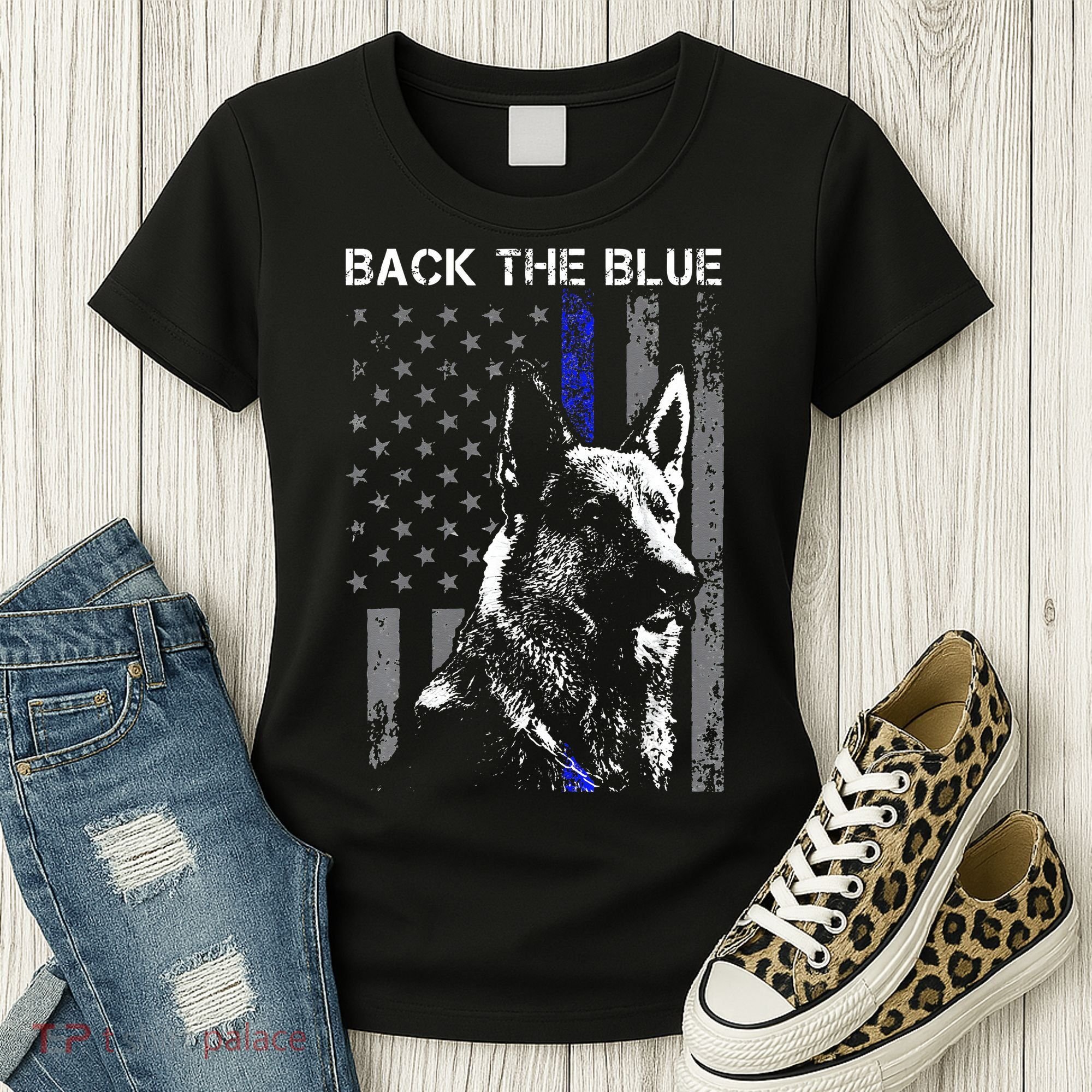 Back The Blue Thin Blue Line Flag K9 German Shepherd Police Women's T-Shirt