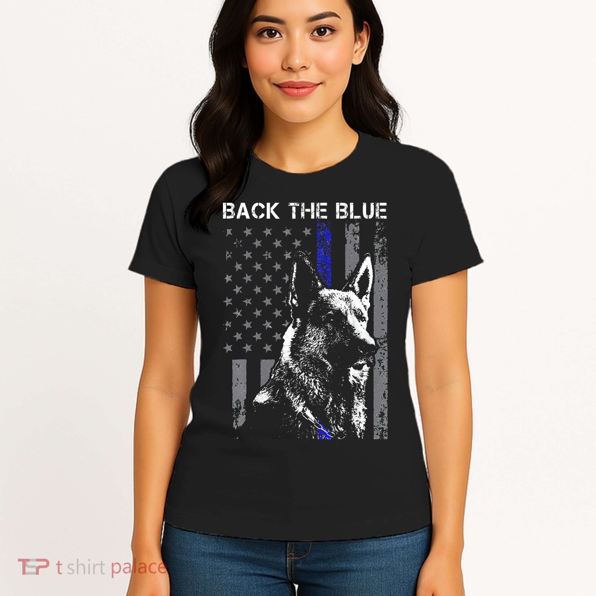 Back The Blue Thin Blue Line Flag K9 German Shepherd Police Women's T-Shirt