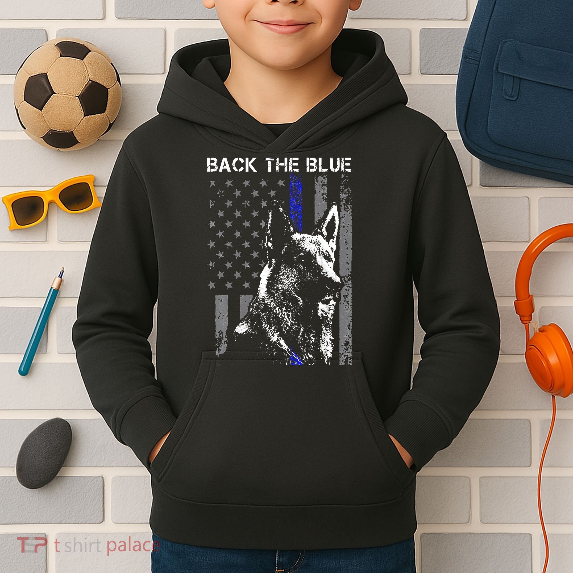 Back The Blue Thin Blue Line Flag K9 German Shepherd Police Kids Hoodie