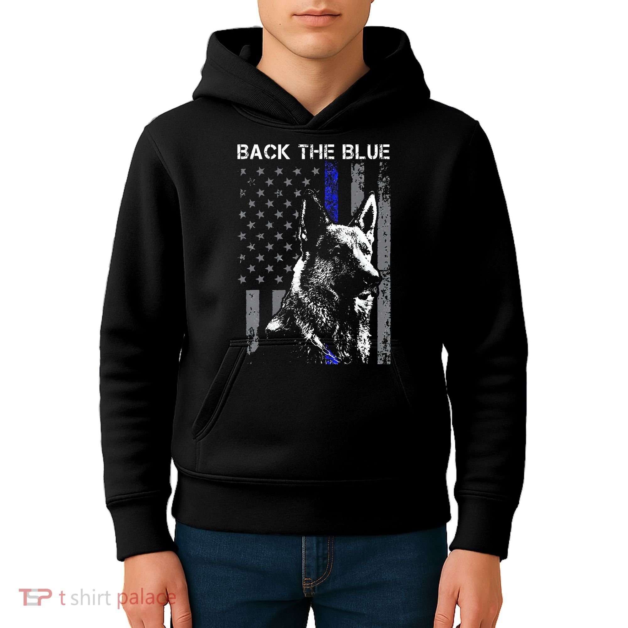 Back The Blue Thin Blue Line Flag K9 German Shepherd Police Kids Hoodie