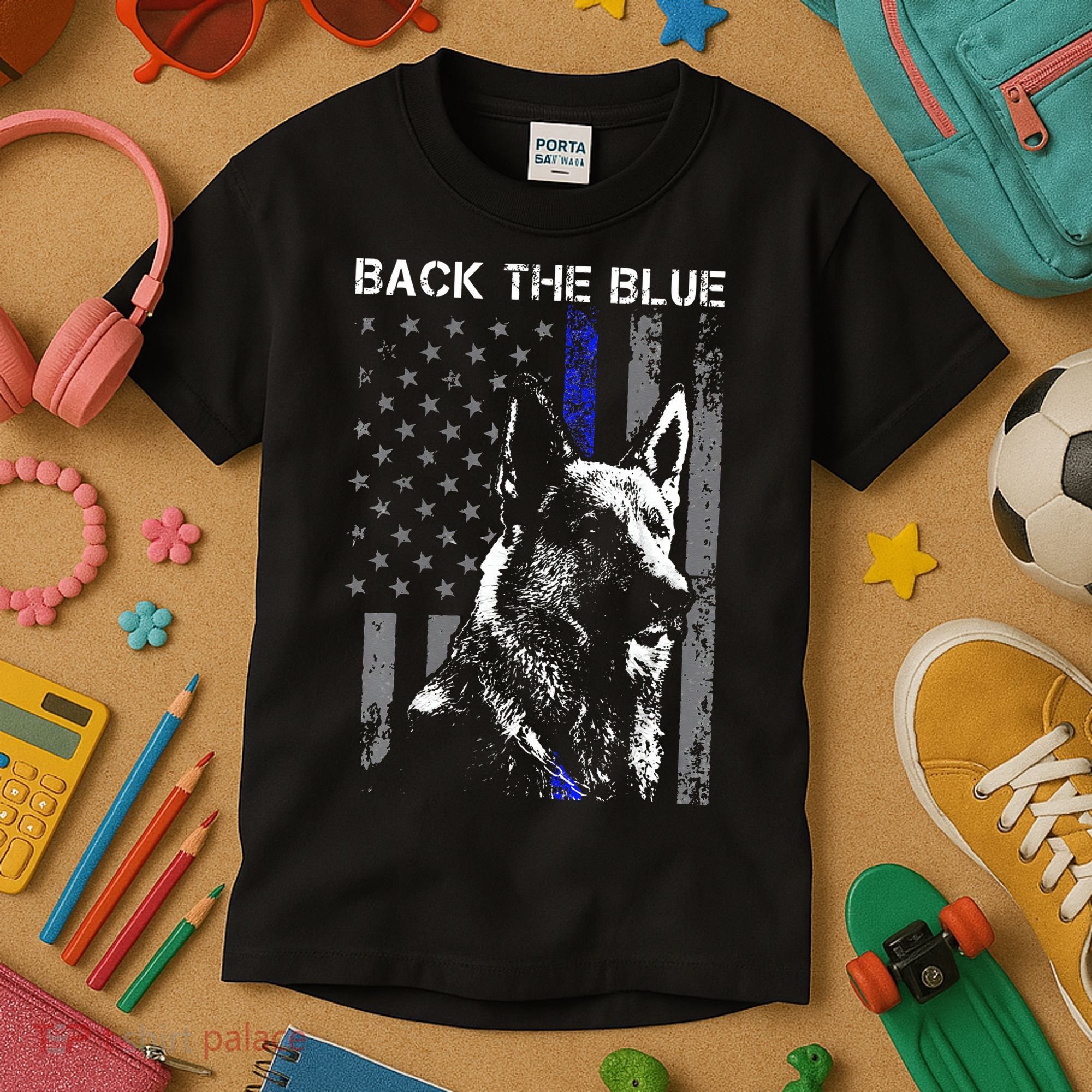 Back The Blue Thin Blue Line Flag K9 German Shepherd Police Kids T-Shirt