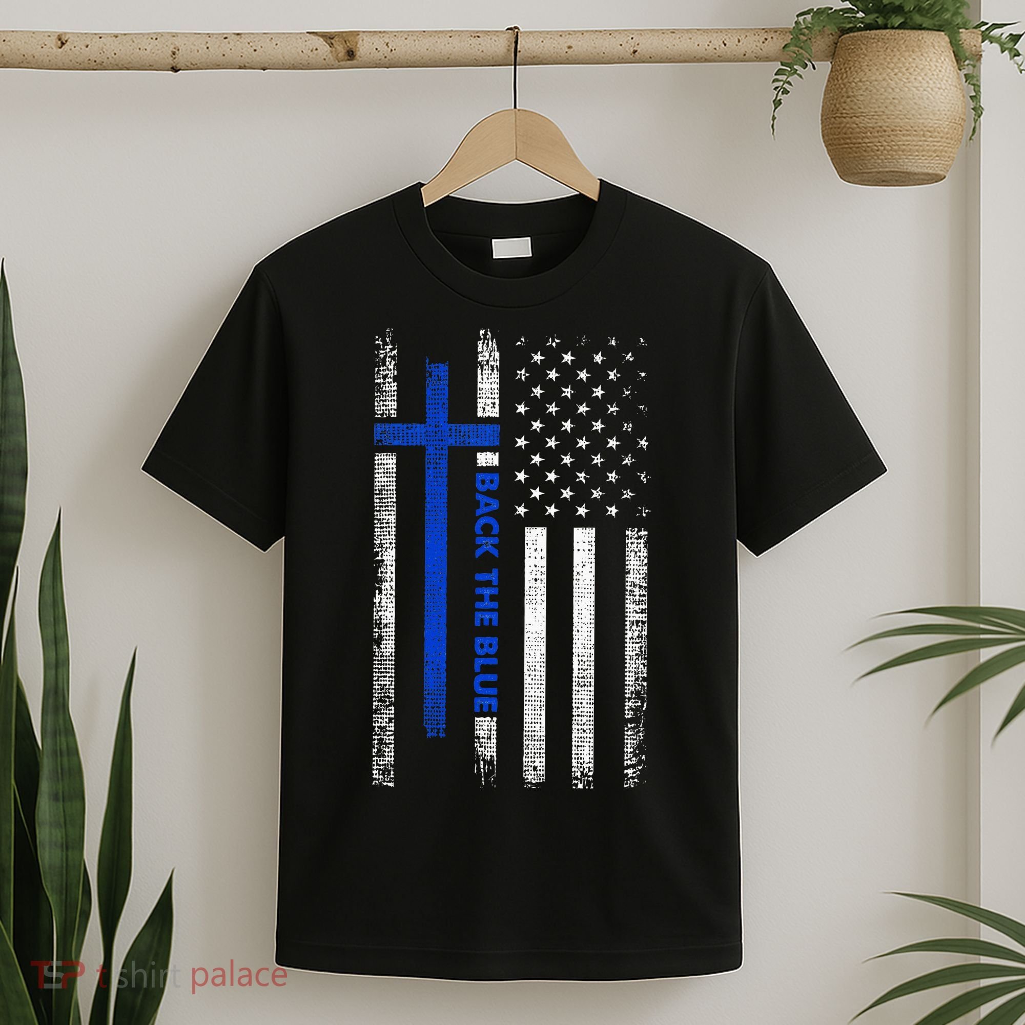 Back The Blue Jesus Faith Cross Police Thin Blue Line Flag T-Shirt