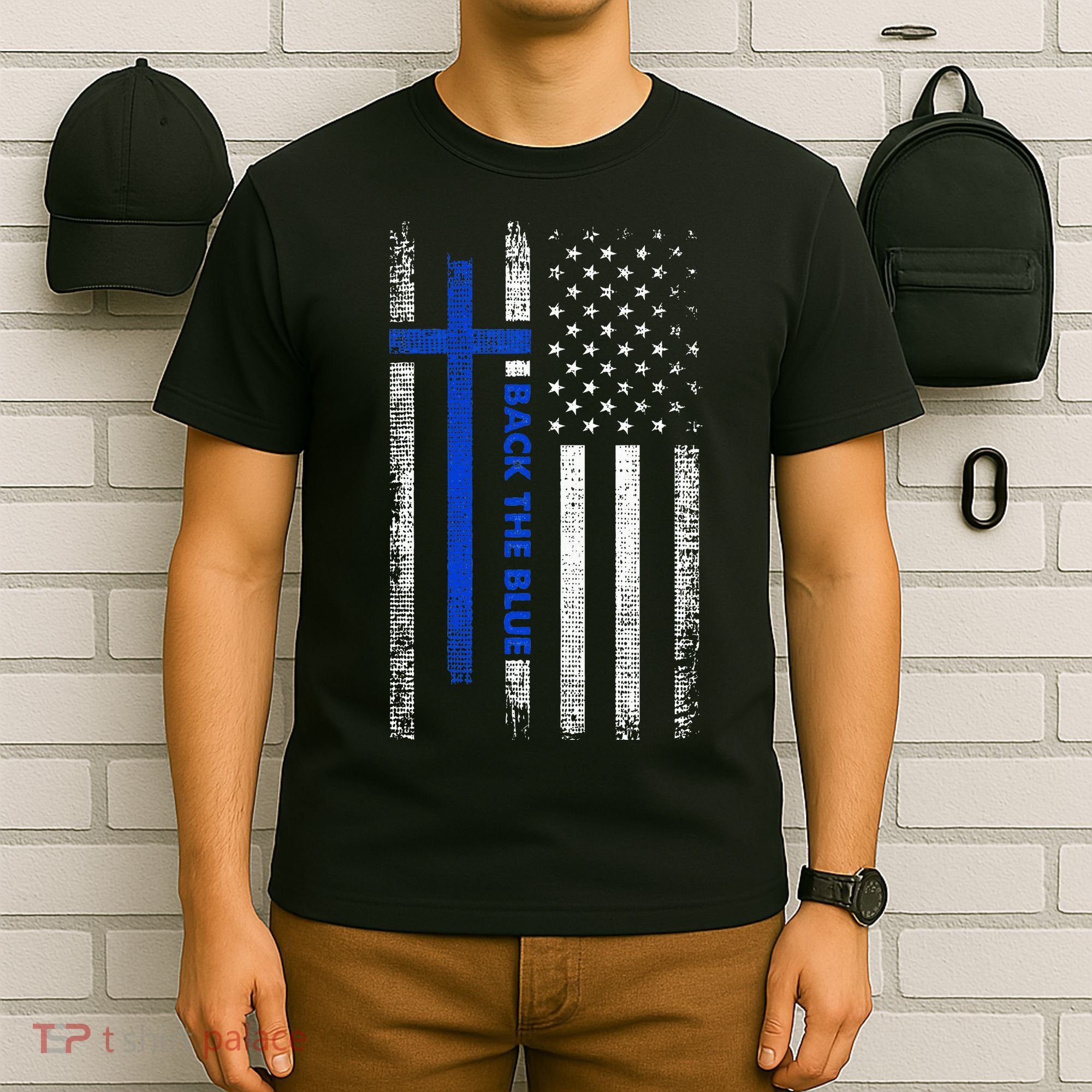 Back The Blue Jesus Faith Cross Police Thin Blue Line Flag T-Shirt