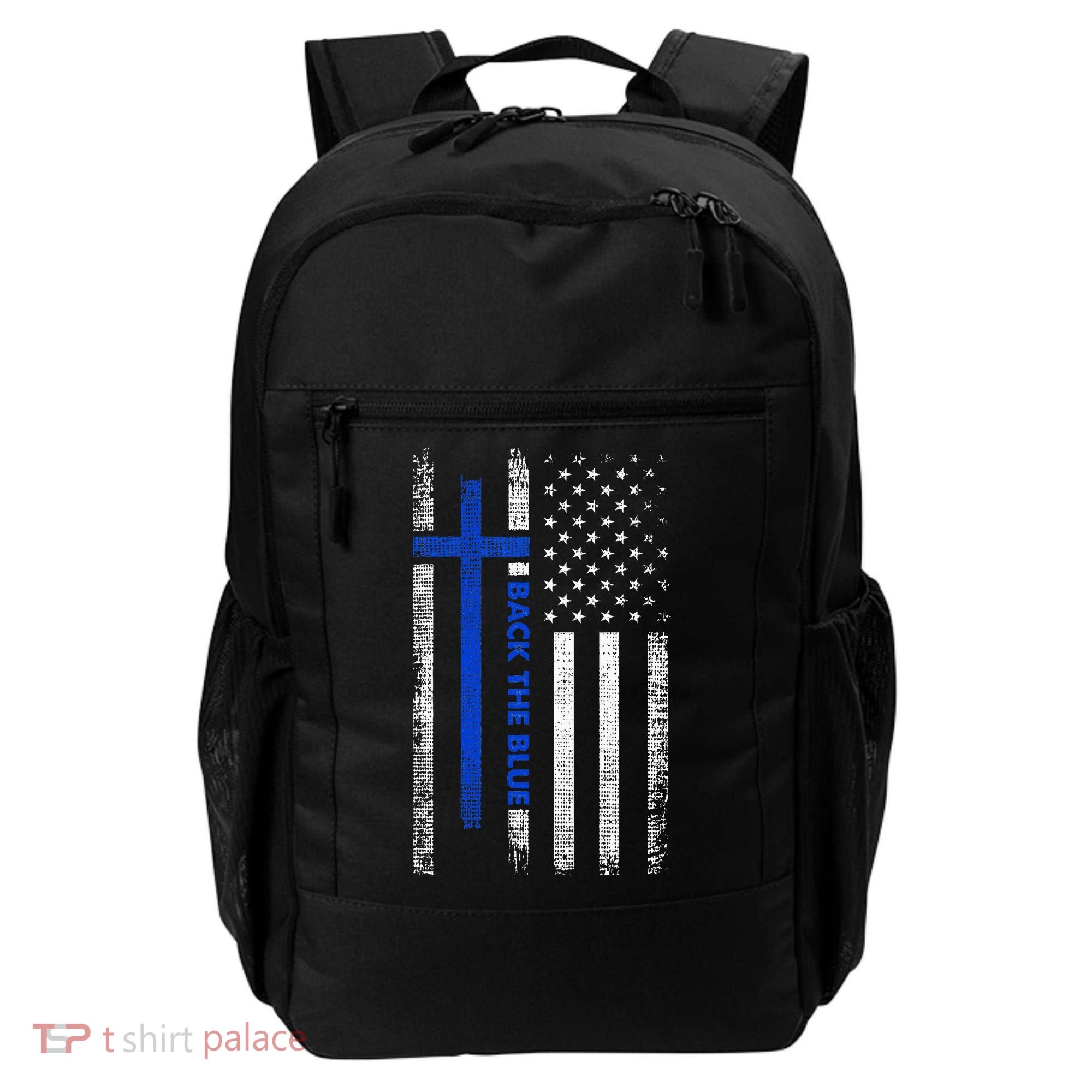 Back The Blue Jesus Faith Cross Police Thin Blue Line Flag Backpack