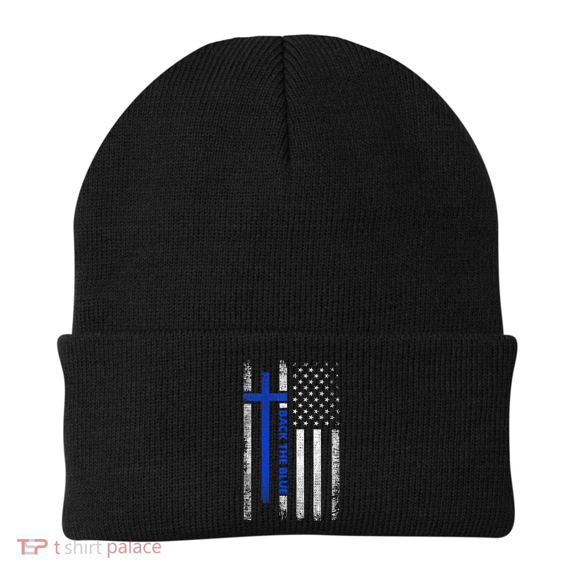 Back The Blue Jesus Faith Cross Police Thin Blue Line Flag Beanie