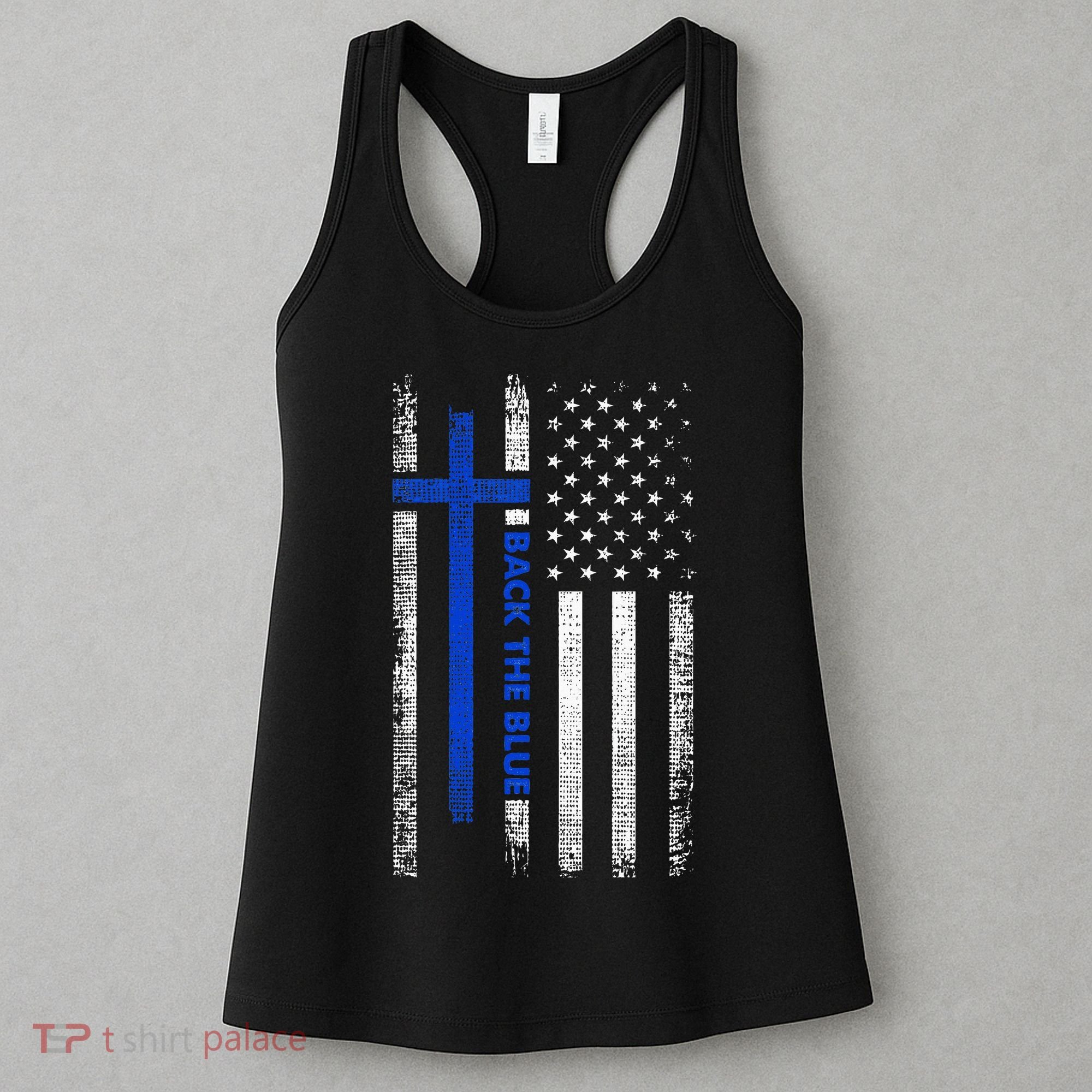 Back The Blue Jesus Faith Cross Police Thin Blue Line Flag Women's Tank Top