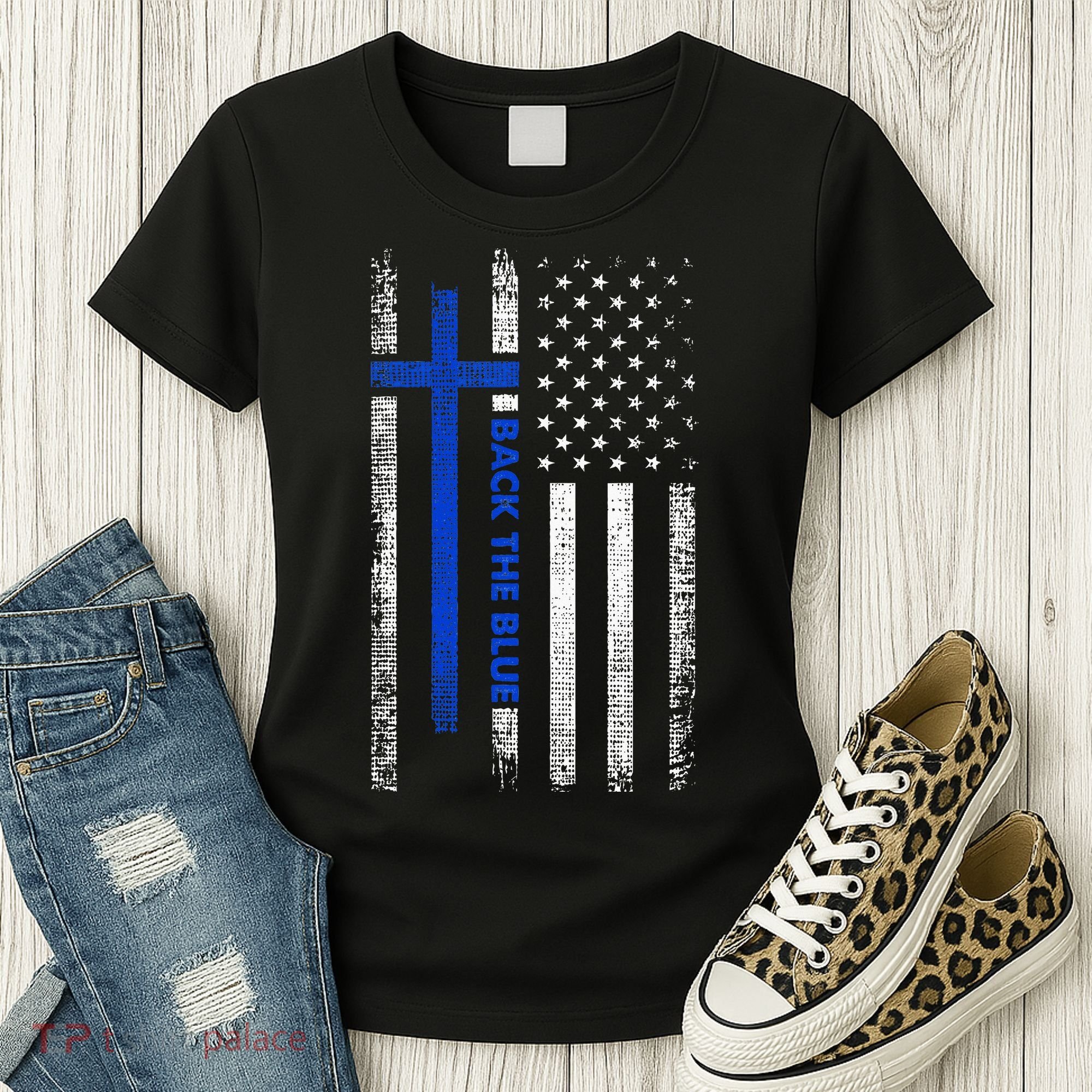 Back The Blue Jesus Faith Cross Police Thin Blue Line Flag Women's T-Shirt