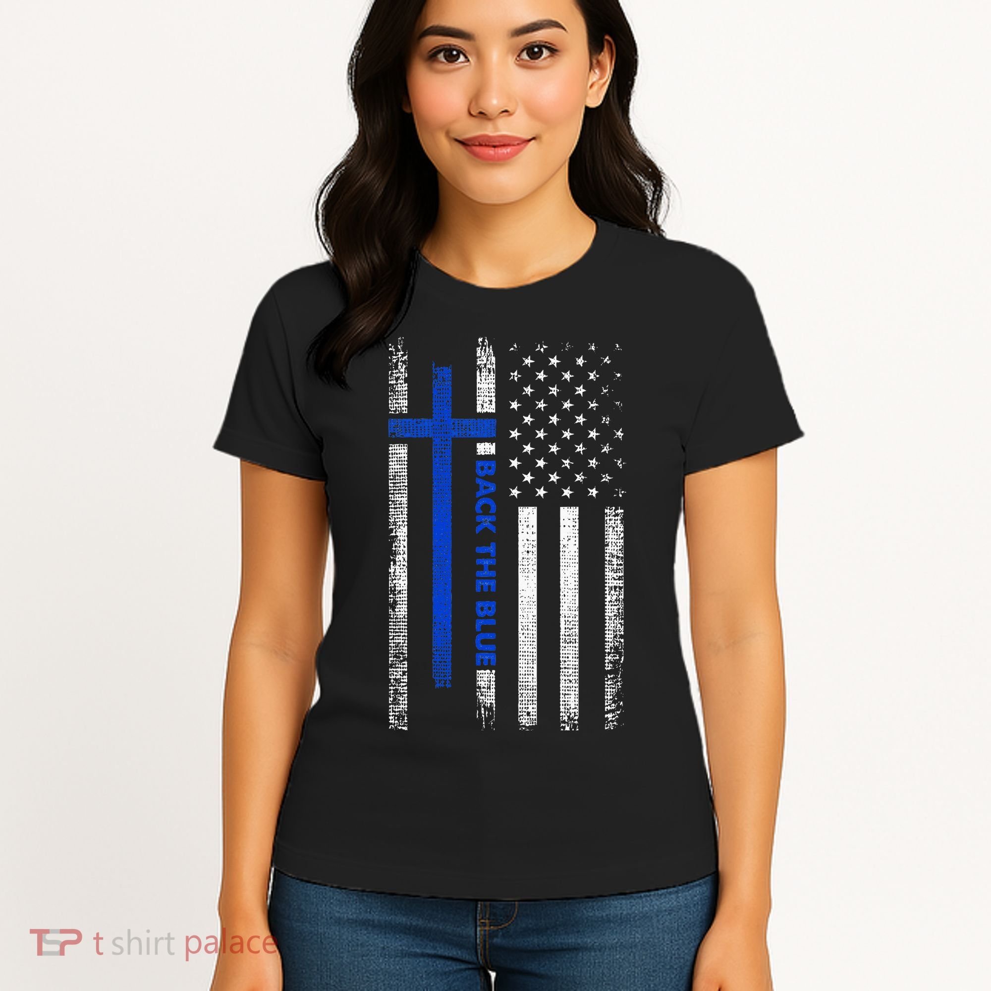 Back The Blue Jesus Faith Cross Police Thin Blue Line Flag Women's T-Shirt