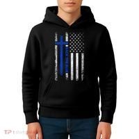 Back The Blue Jesus Faith Cross Police Thin Blue Line Flag Kids Hoodie thumb 4