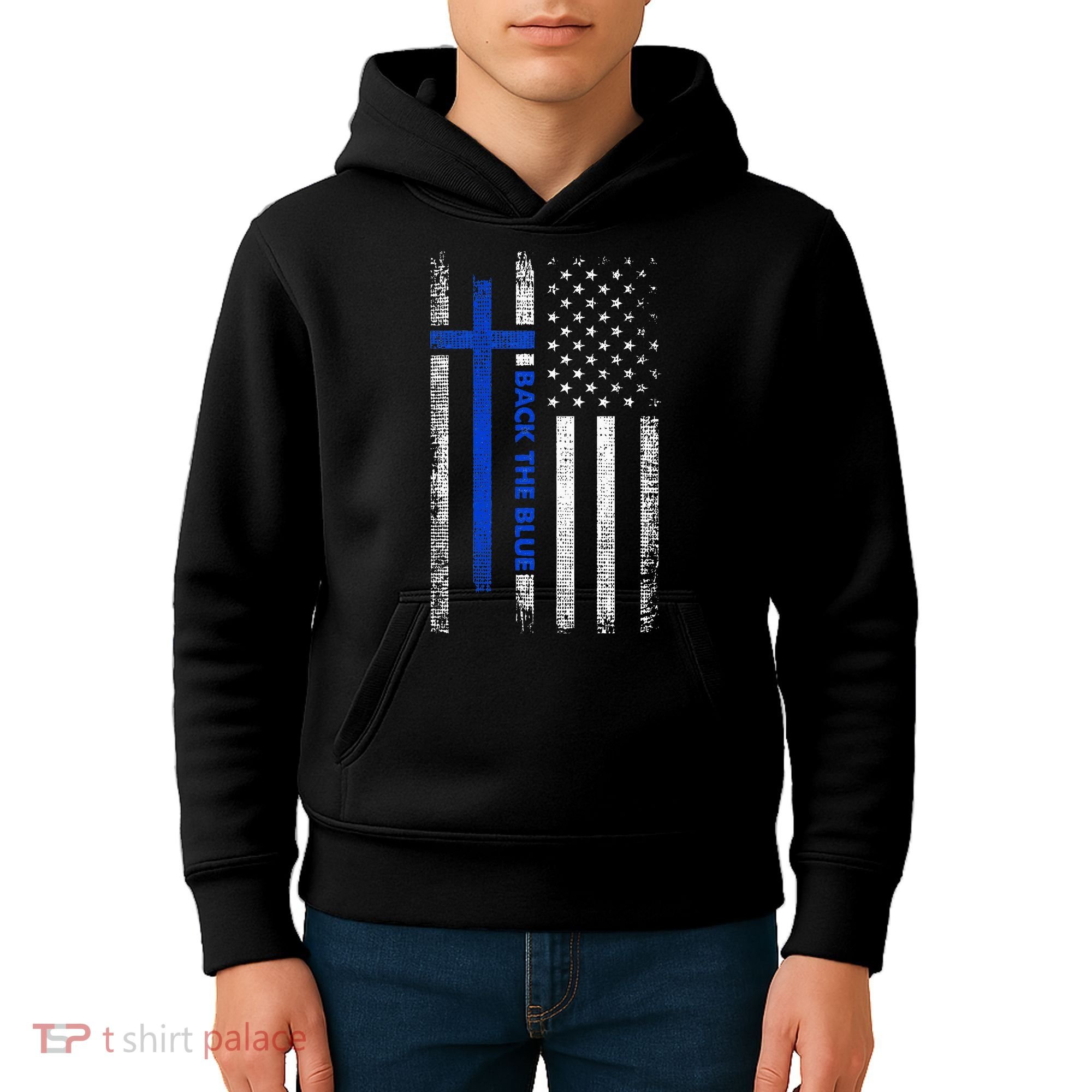 Back The Blue Jesus Faith Cross Police Thin Blue Line Flag Kids Hoodie