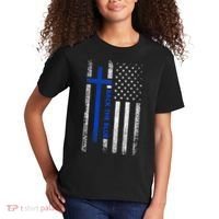 Back The Blue Jesus Faith Cross Police Thin Blue Line Flag Kids T-Shirt thumb 2