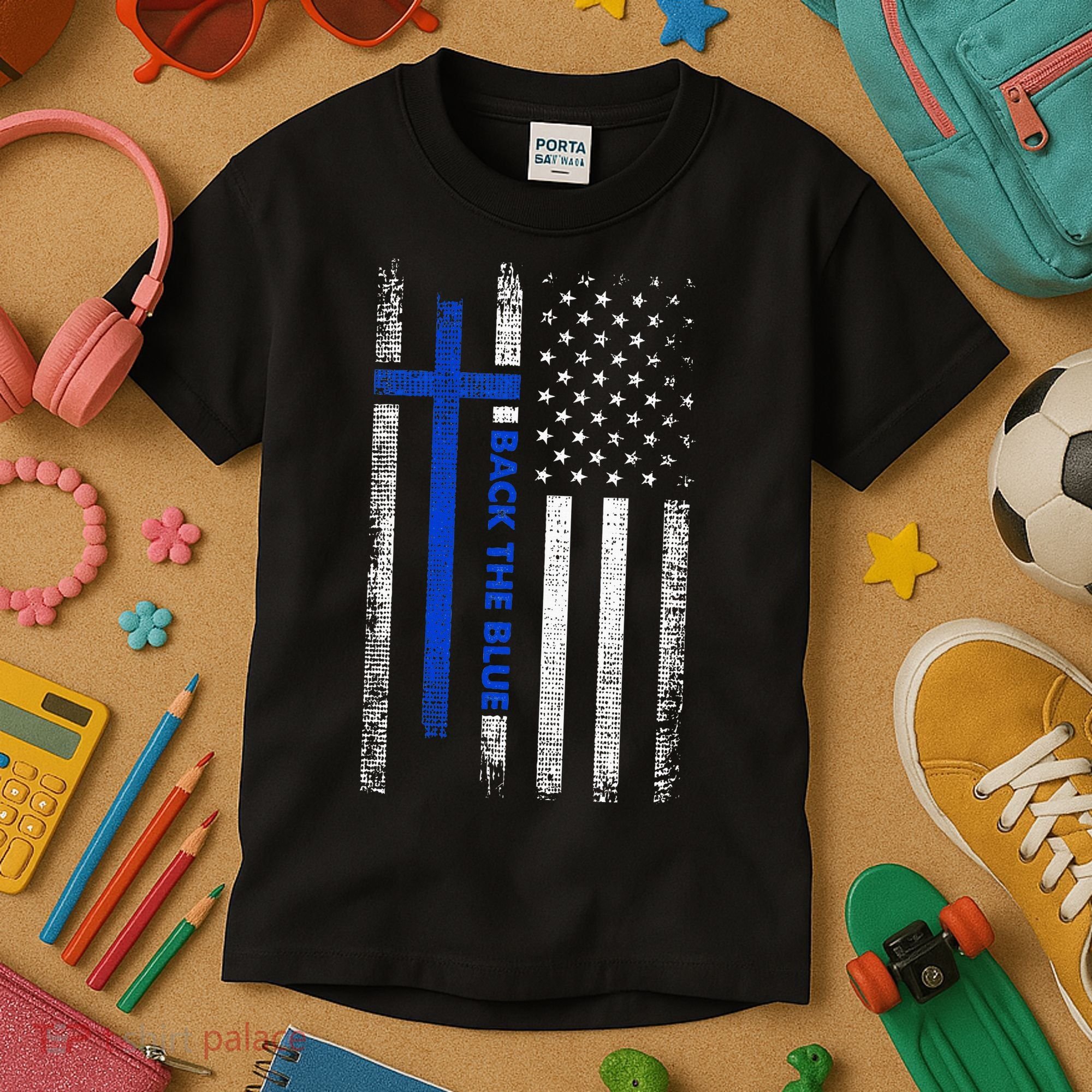 Back The Blue Jesus Faith Cross Police Thin Blue Line Flag Kids T-Shirt