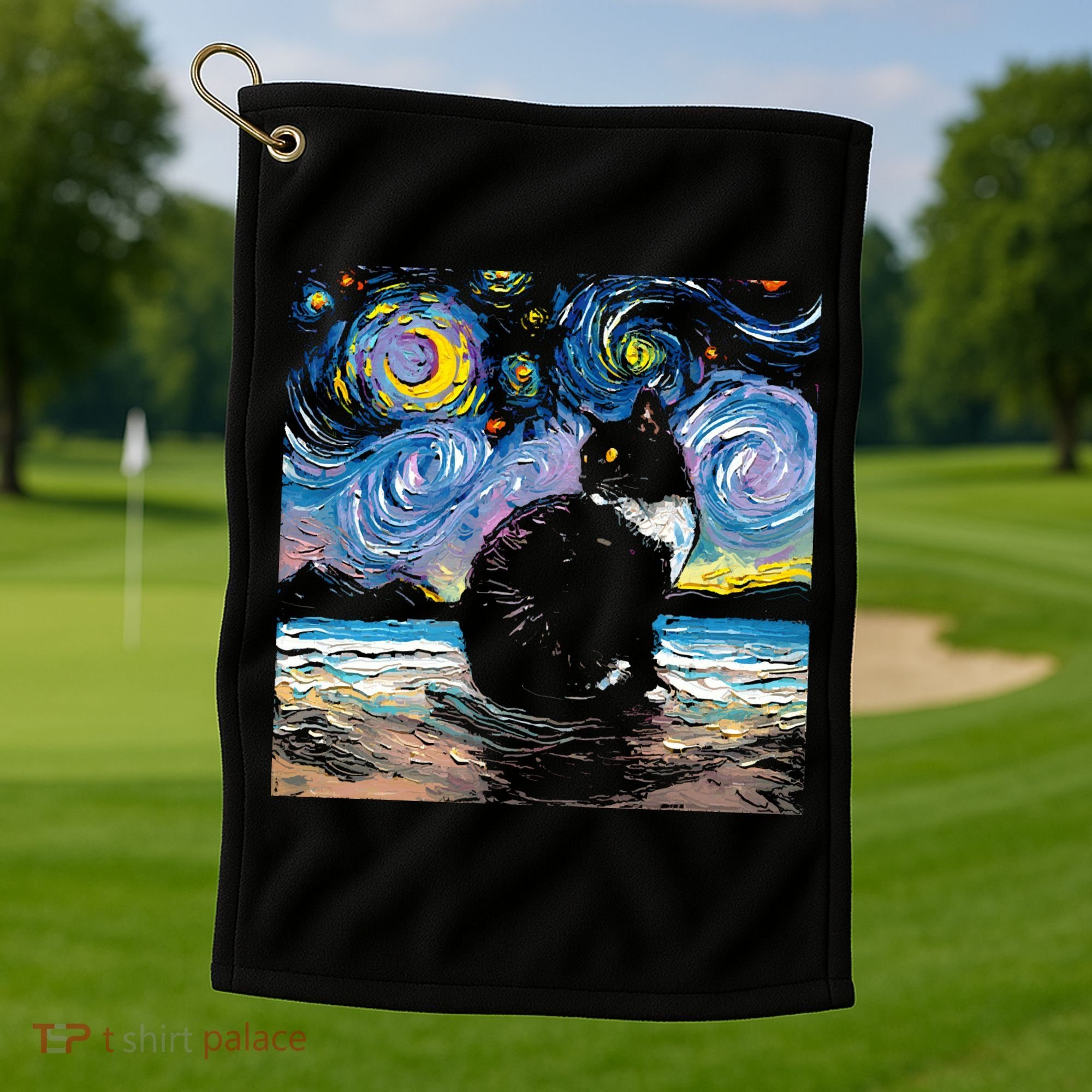 Black Tuxedo Cat Night 2 Golf Towel
