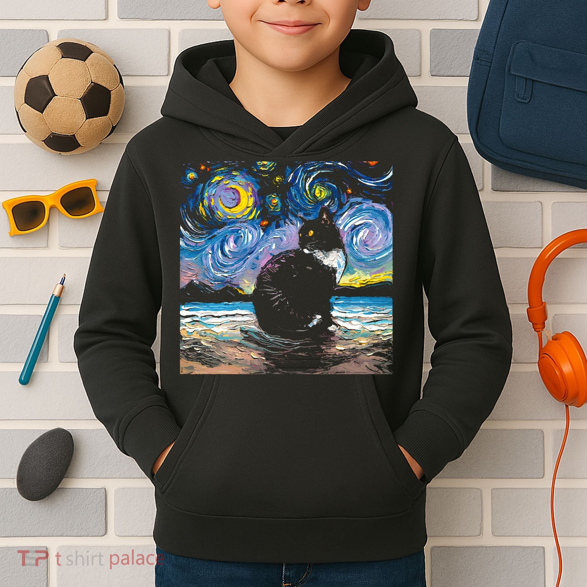 Black Tuxedo Cat Night 2 Kids Hoodie