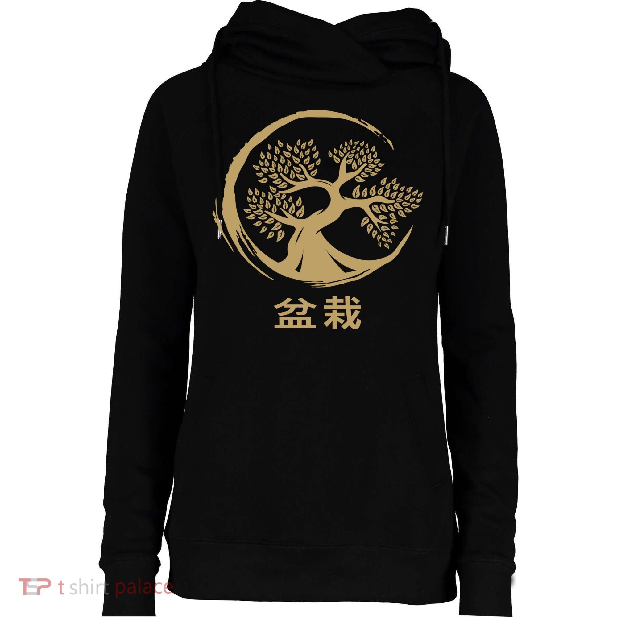 Bonsai Tree Circle Japanese Art Meditation Yoga Buddhist Gift Womens Funnel Neck Pullover Hood
