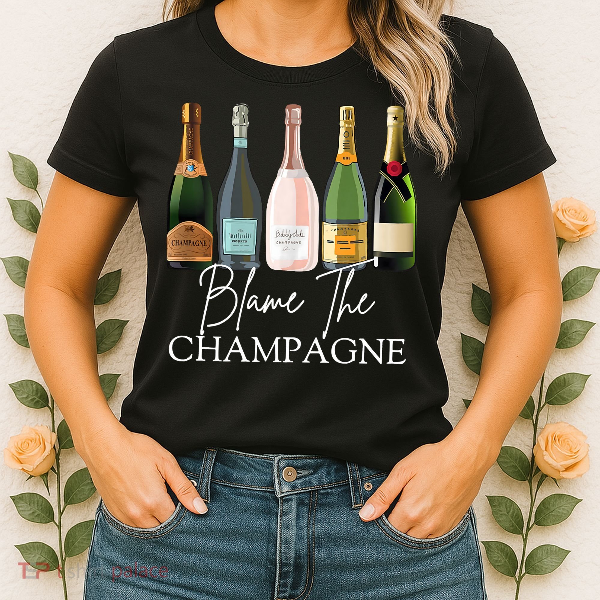 Blame The Champagne, Champagne Bottles Day Drinking Mimosa Women's T-Shirt