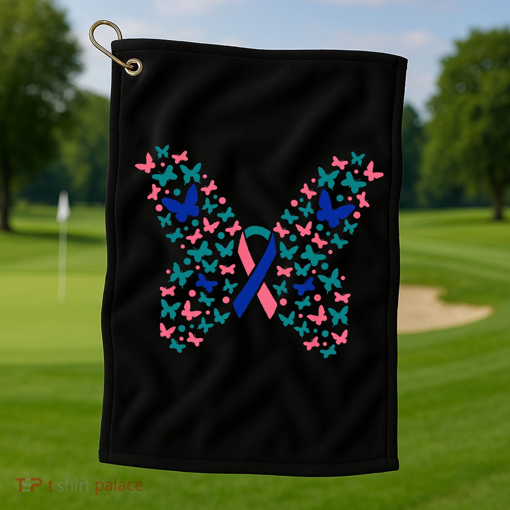 Butterfly Thyroid Cancer Awareness Ribbon Survivor Warrior Golf Towel