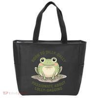 Born To Dilly Dally Funny Green Frog Meme Tote Bag thumb 0