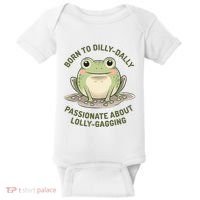 Born To Dilly Dally Funny Green Frog Meme Baby Bodysuit thumb 0