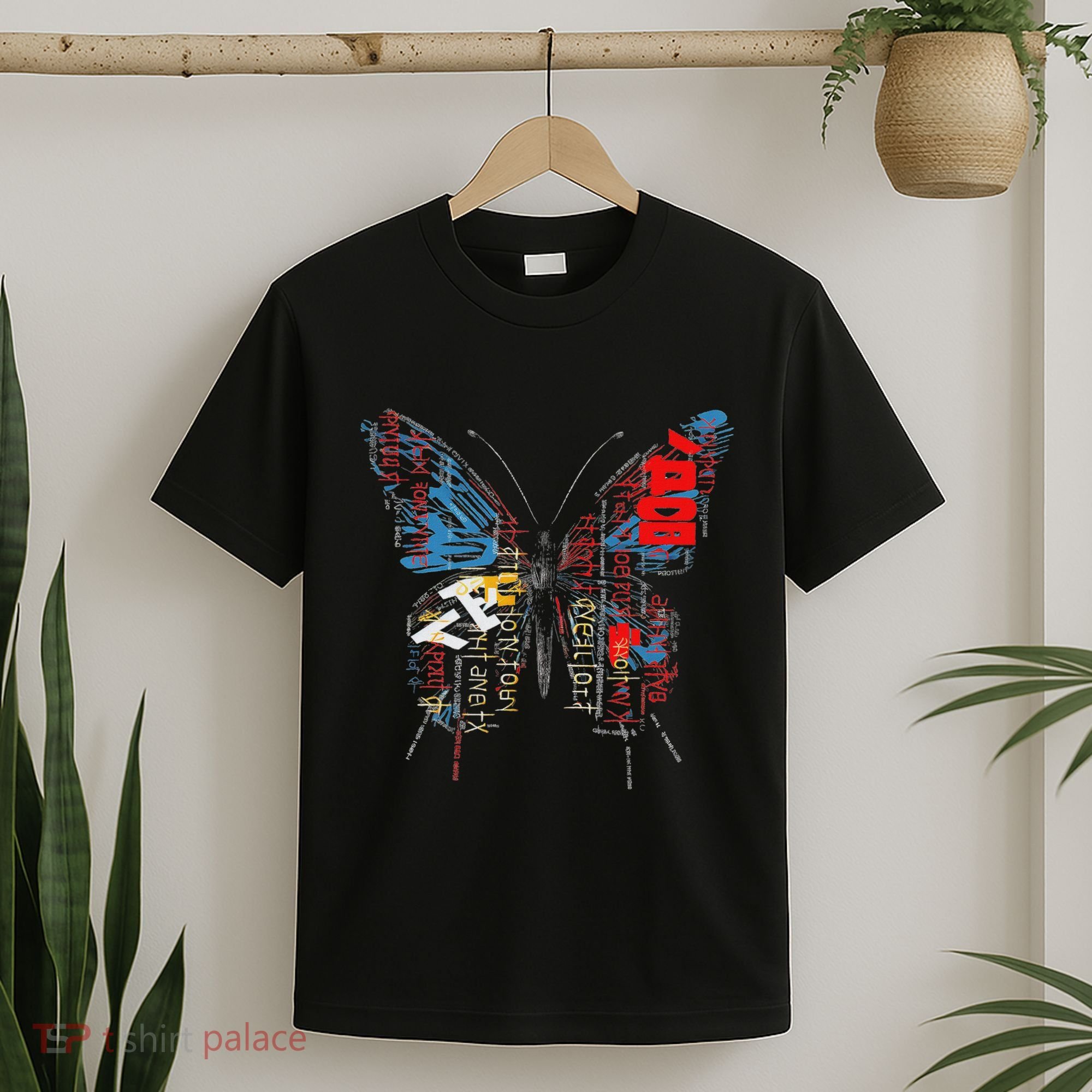 Butterfly Text Drawing Art Graphic Motif Anime T-Shirt