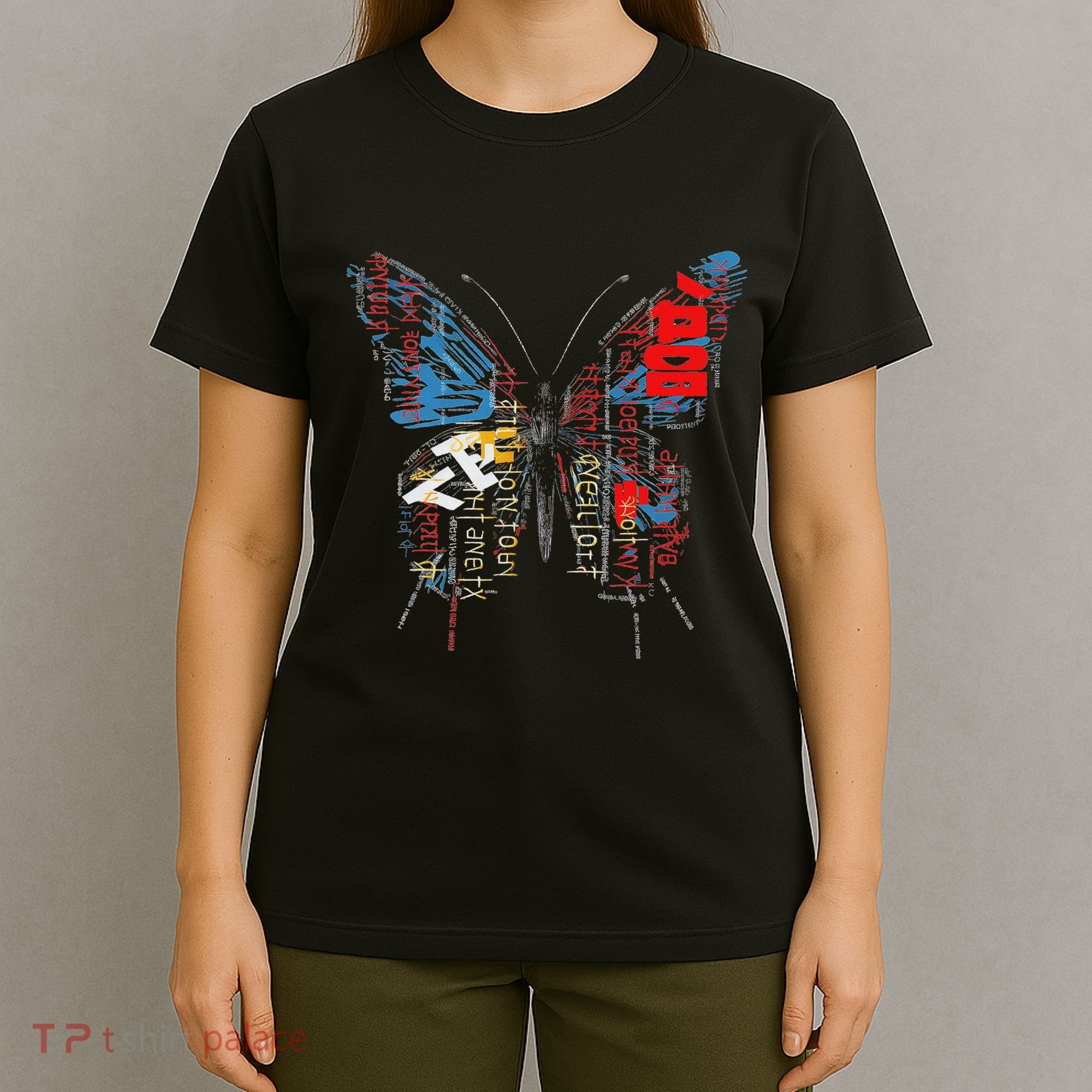 Butterfly Text Drawing Art Graphic Motif Anime T-Shirt