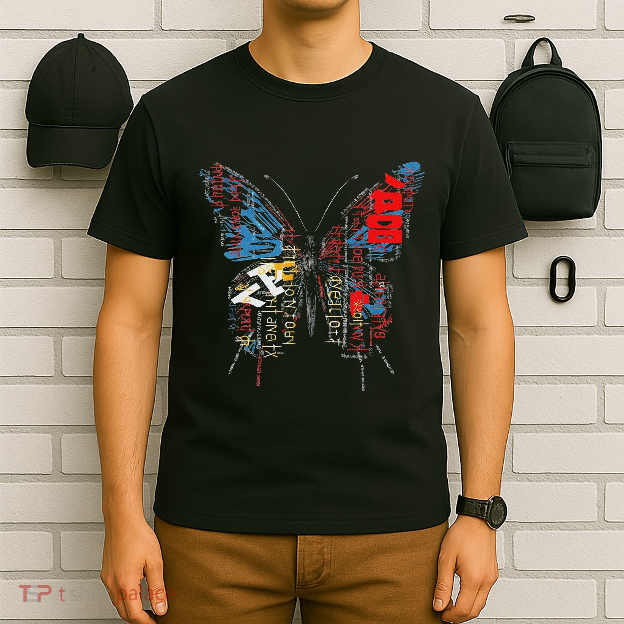 Butterfly Text Drawing Art Graphic Motif Anime T-Shirt