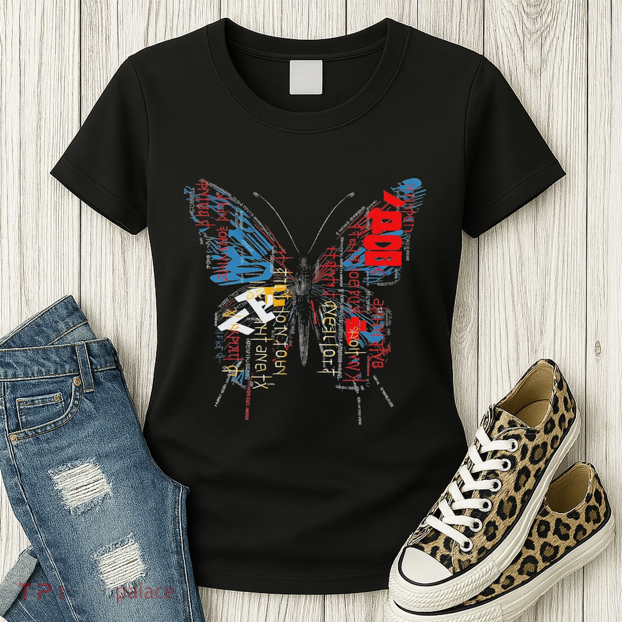 Butterfly Text Drawing Art Graphic Motif Anime Women's T-Shirt