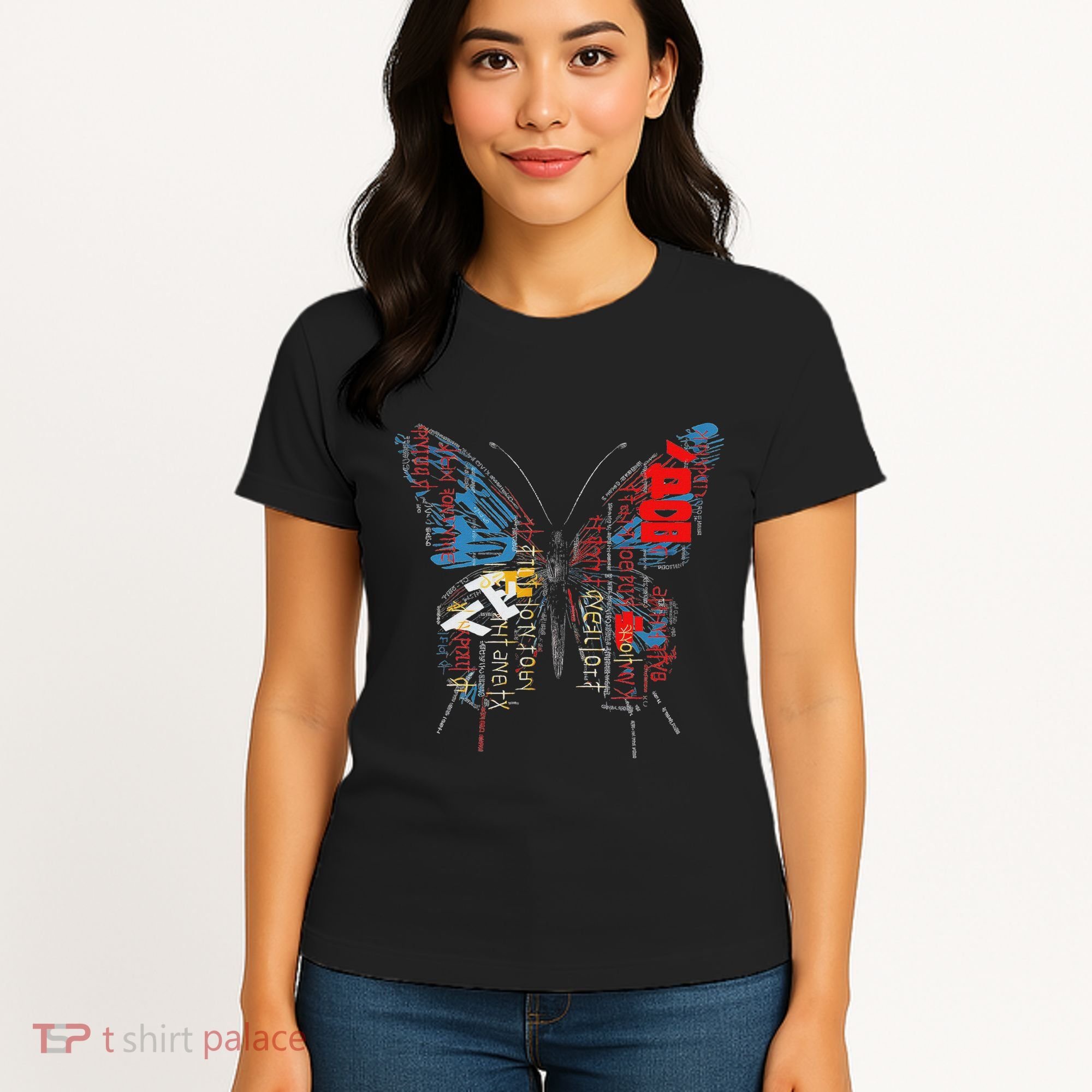 Butterfly Text Drawing Art Graphic Motif Anime Women's T-Shirt
