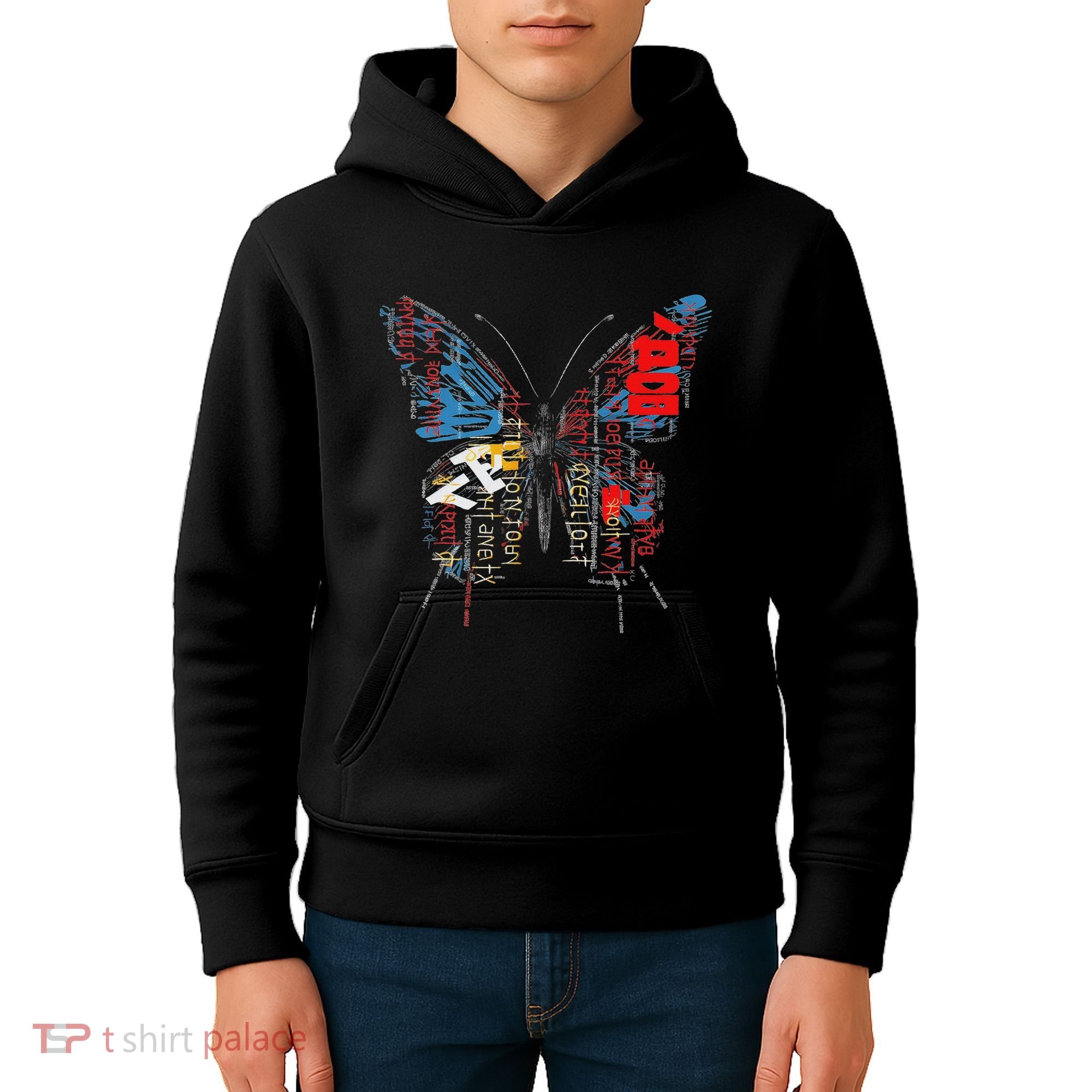 Butterfly Text Drawing Art Graphic Motif Anime Kids Hoodie