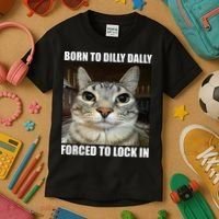 Born To Dilly Dallly Forced To Lock In Cat Lover Kids T-Shirt thumb 3