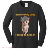 Born To Dilly Dally Forced To Lock In Cat Kids Long Sleeve Shirt thumb 0