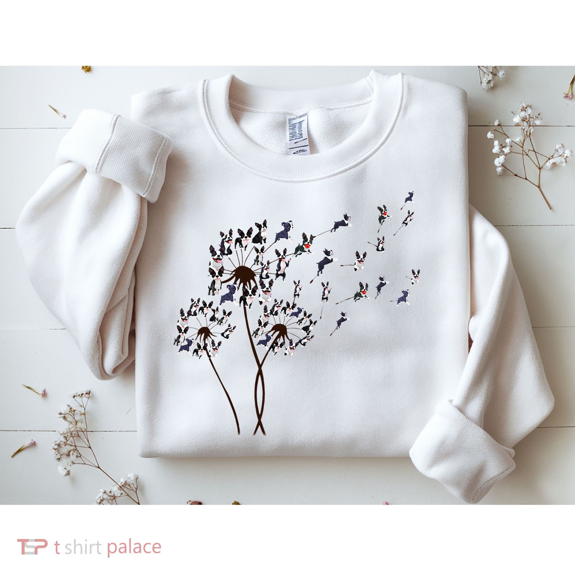 Boston Terrier Dandelion Flower Fly Dog Lovers Funny Sweatshirt