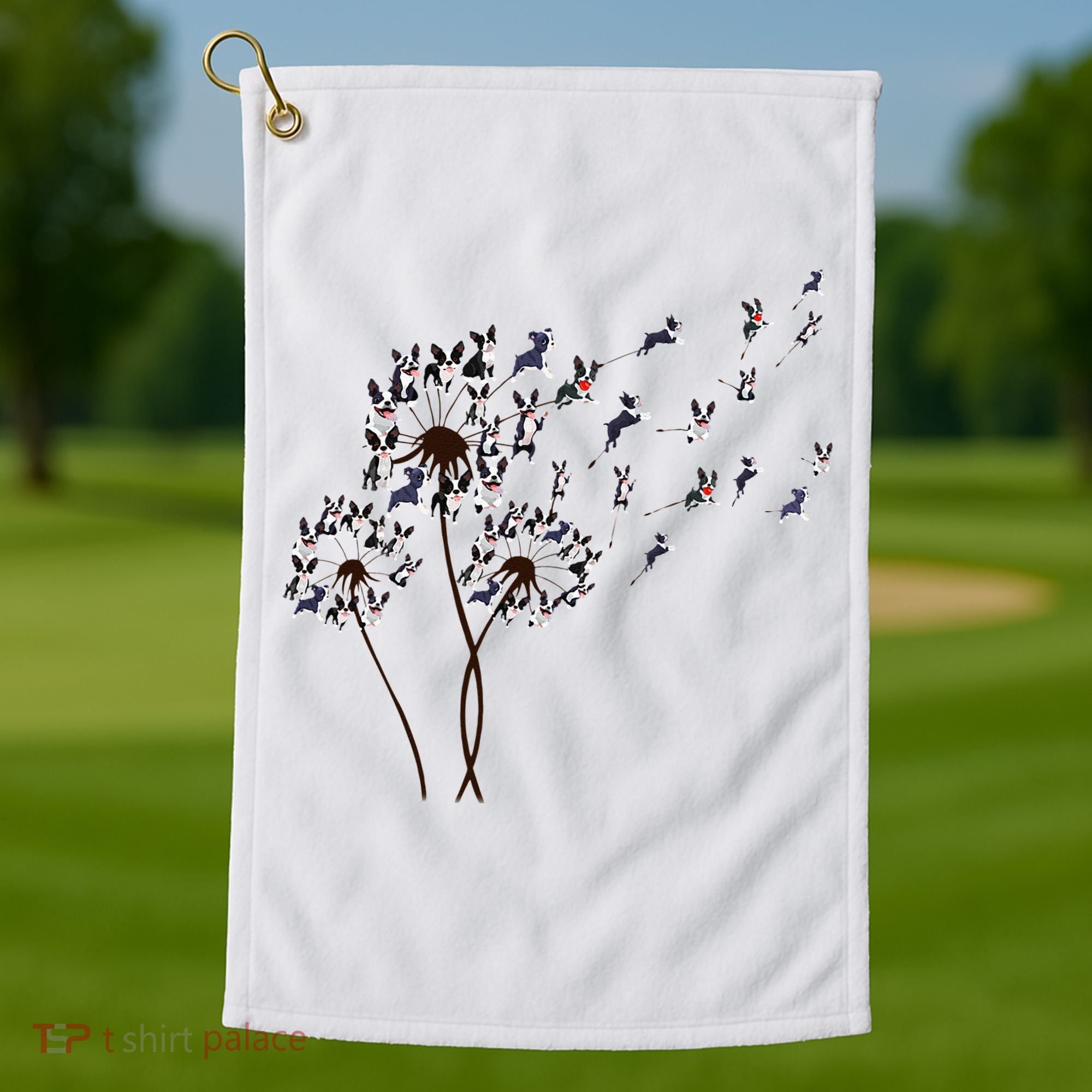 Boston Terrier Dandelion Flower Fly Dog Lovers Funny Golf Towel