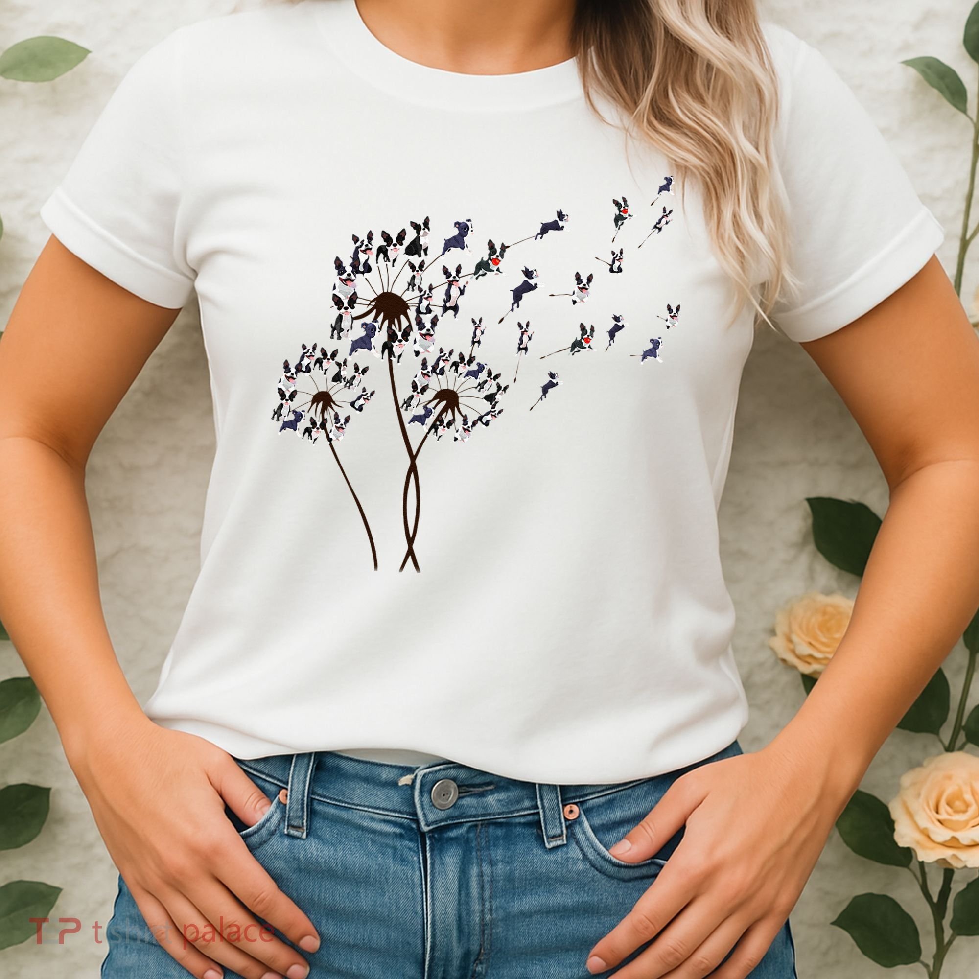 Boston Terrier Dandelion Flower Fly Dog Lovers Funny Women's T-Shirt