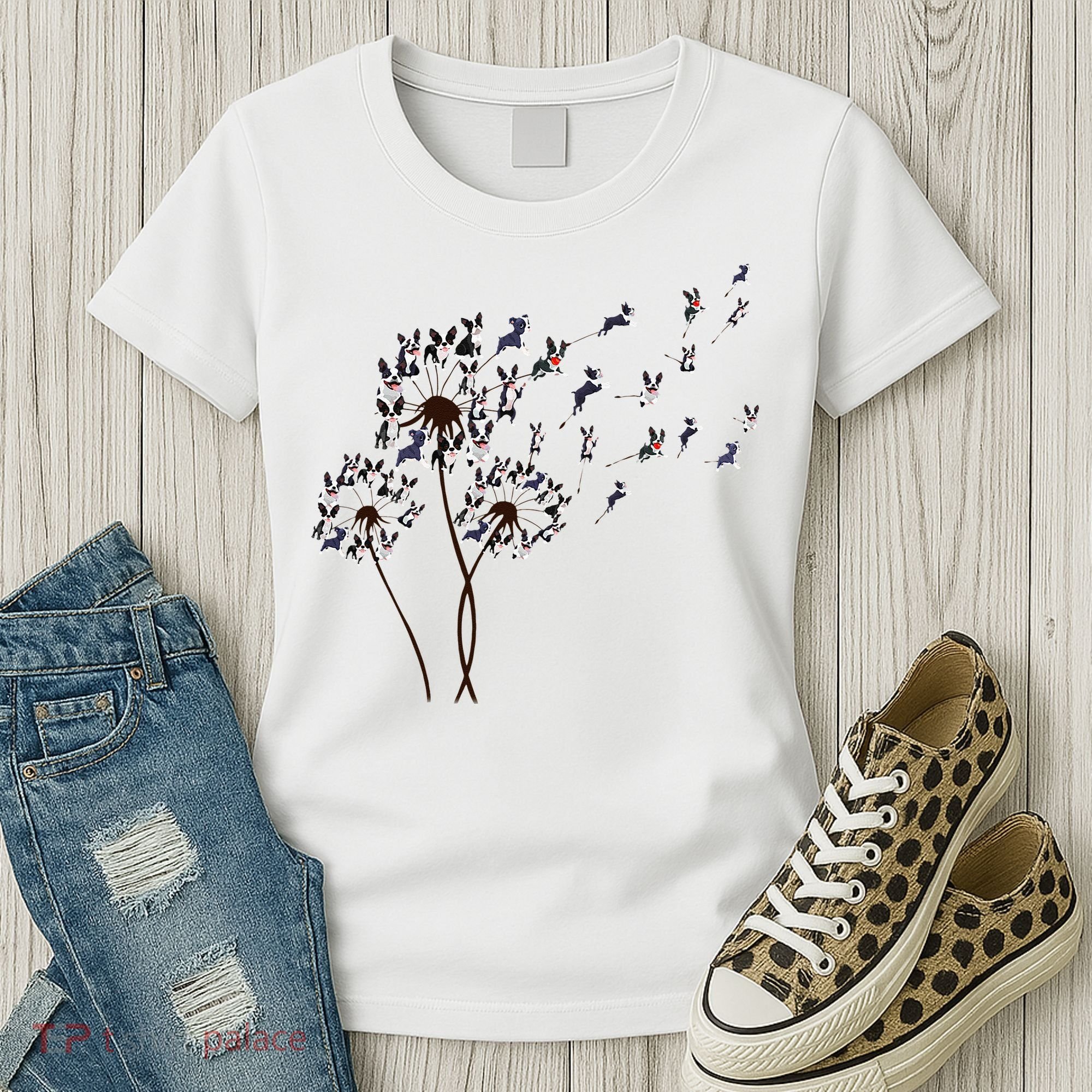 Boston Terrier Dandelion Flower Fly Dog Lovers Funny Women's T-Shirt