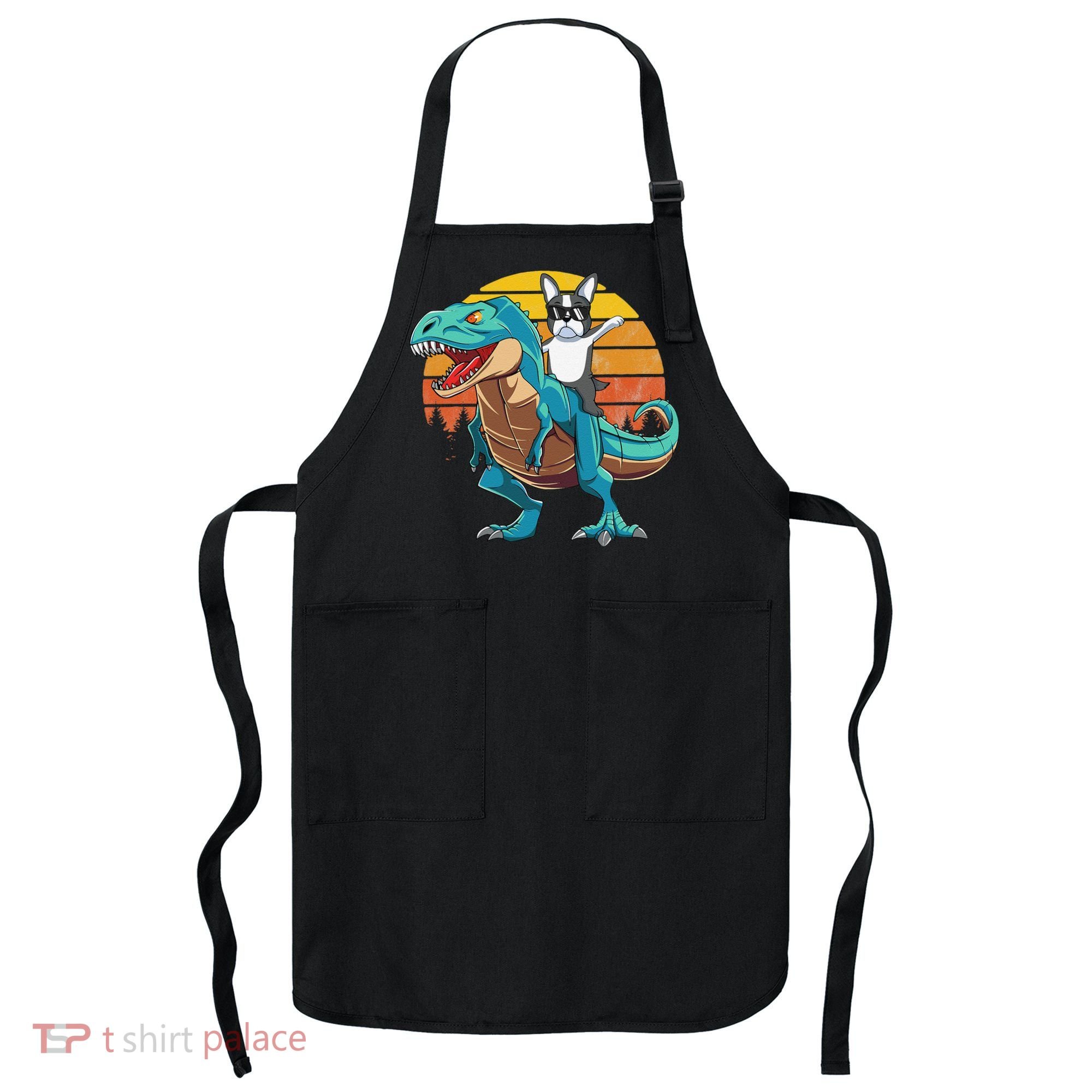 Boston Terrier Dog Riding Dinosaur T Rex Apron