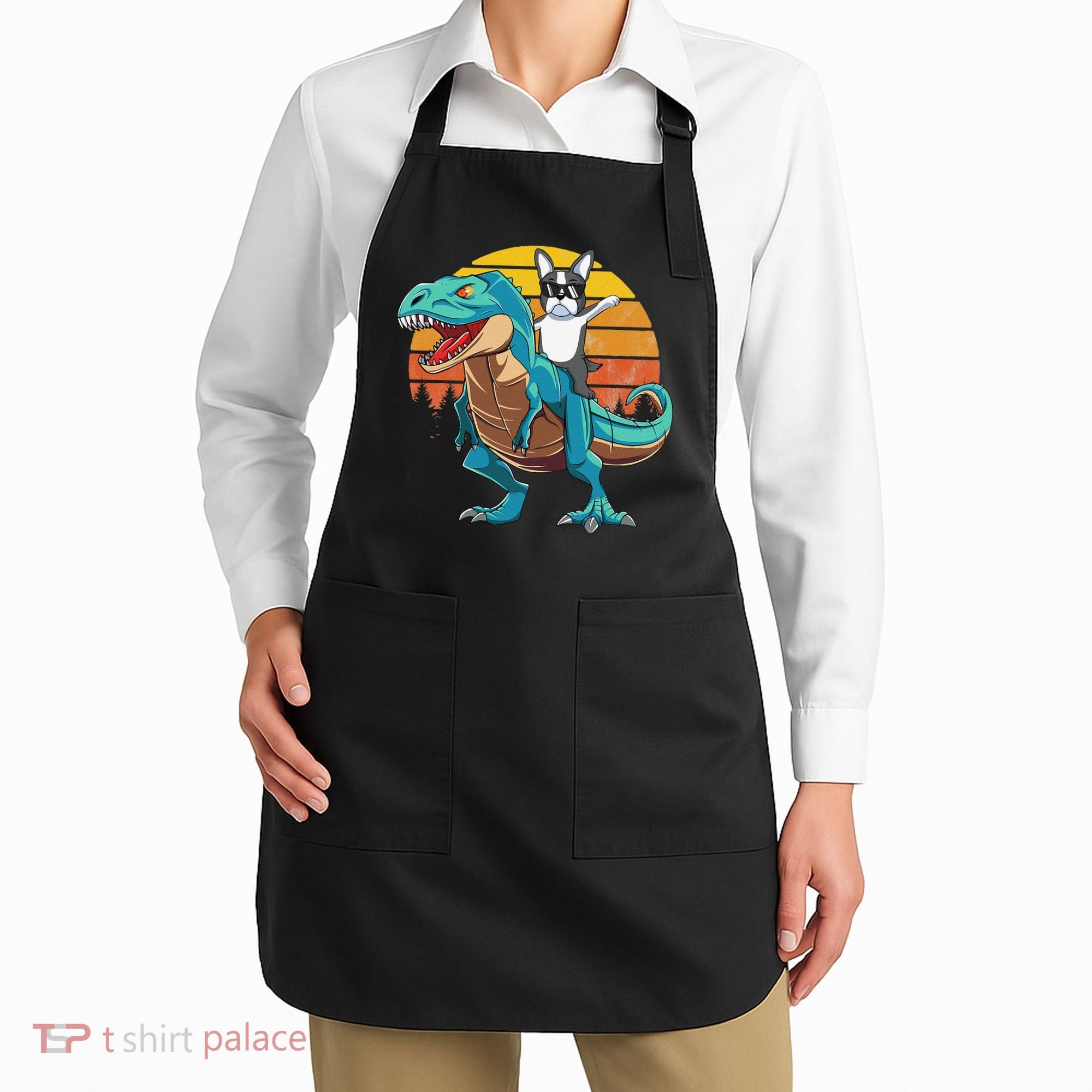 Boston Terrier Dog Riding Dinosaur T Rex Apron
