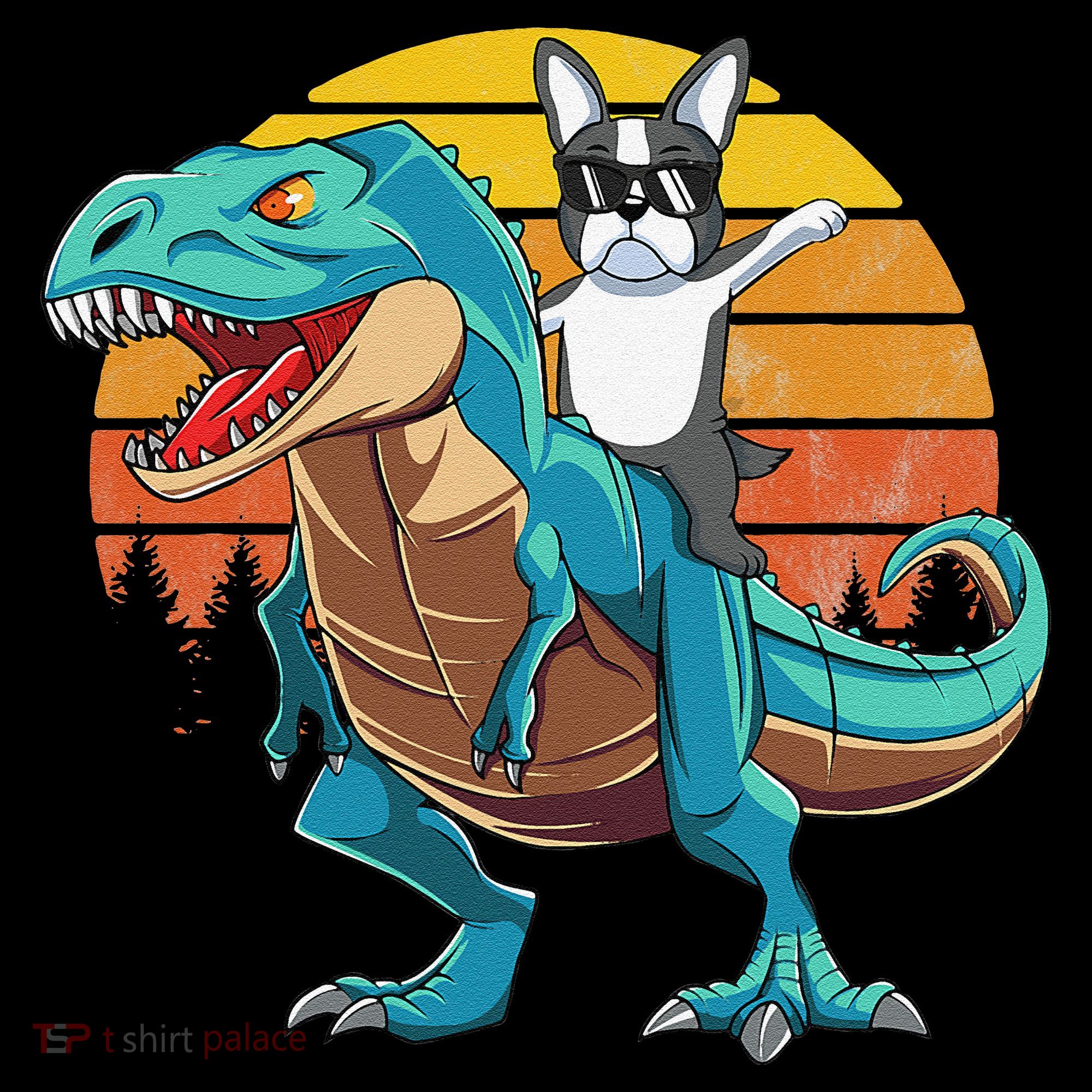 Boston Terrier Dog Riding Dinosaur T Rex Apron