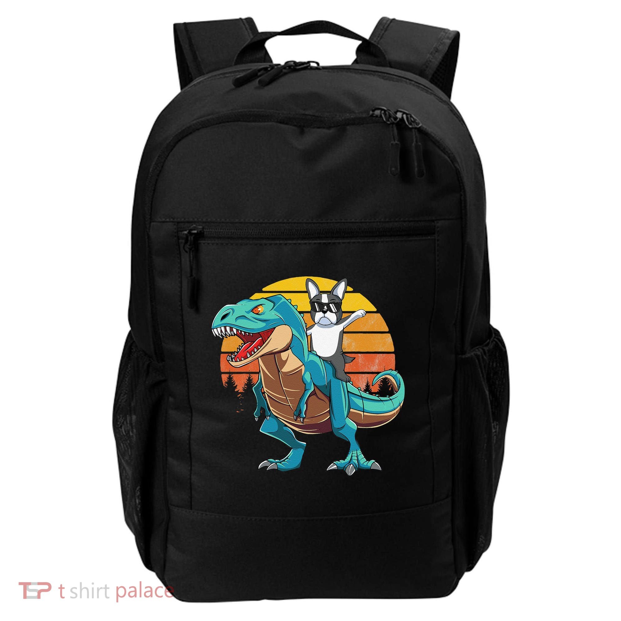 Boston Terrier Dog Riding Dinosaur T Rex Backpack