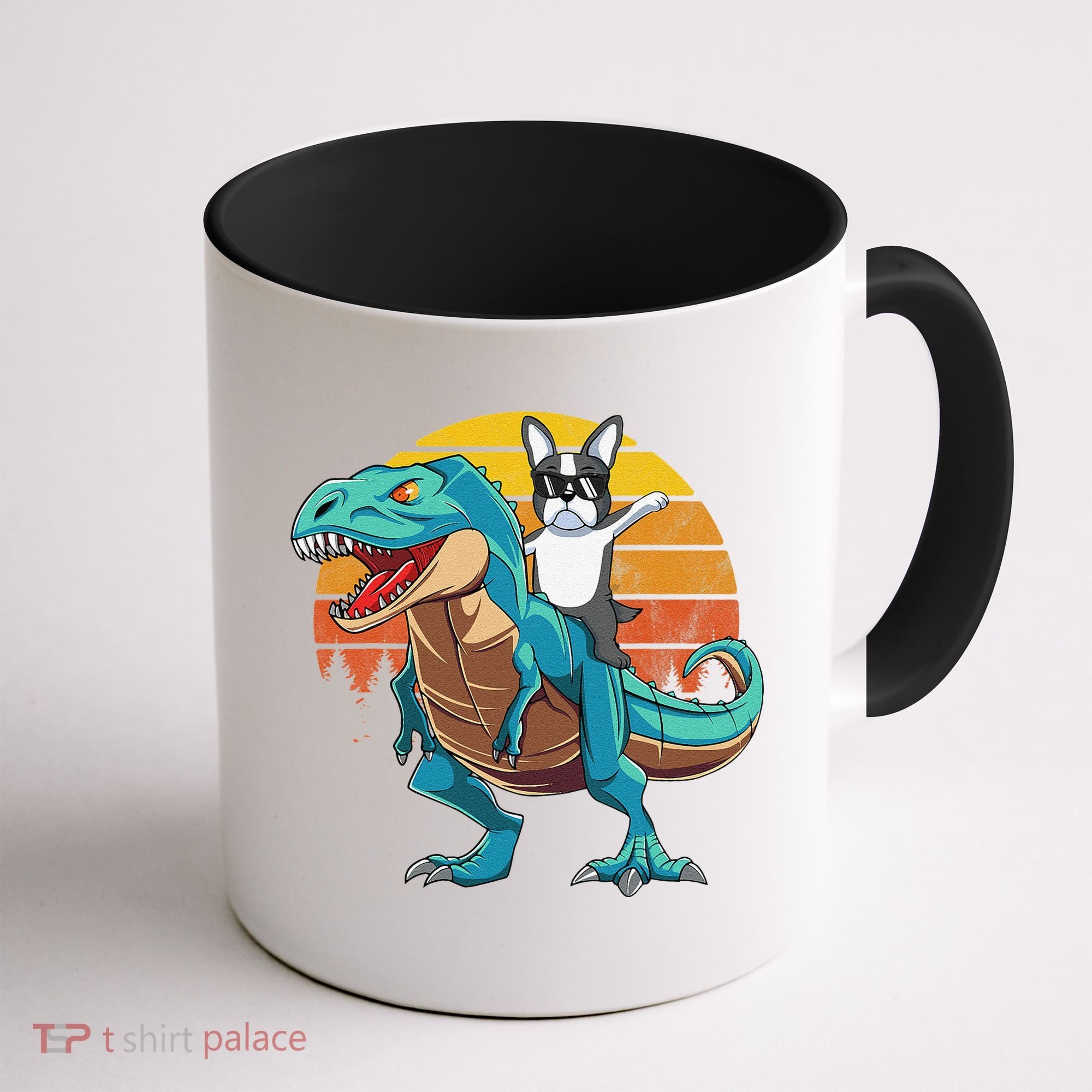 Boston Terrier Dog Riding Dinosaur T Rex Coffee Mug